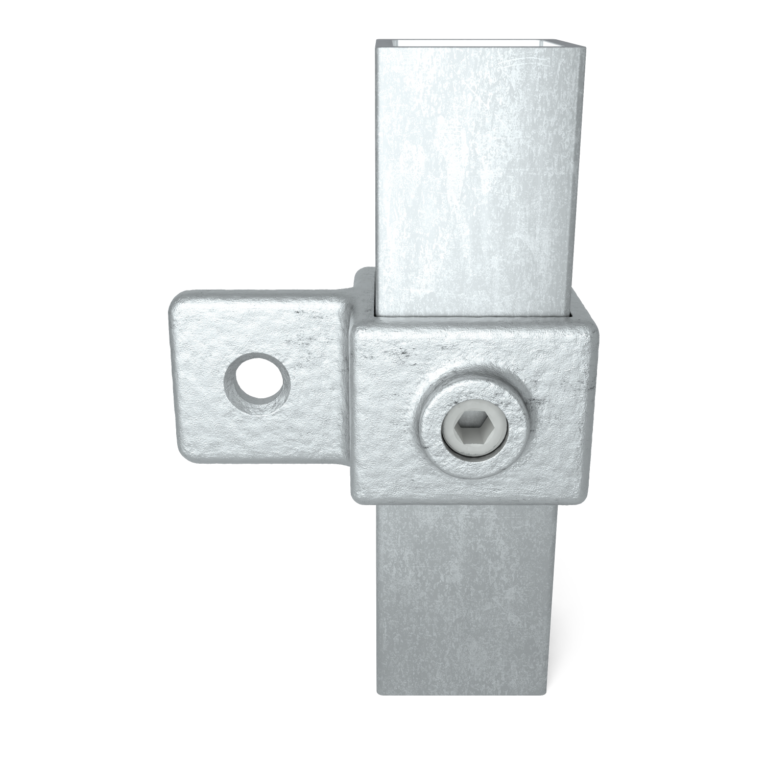 Rohrverbinder Gelenkauge 40 mm quadratisch - Vorderansicht mit Rohren (Rohr-verbinder.de)