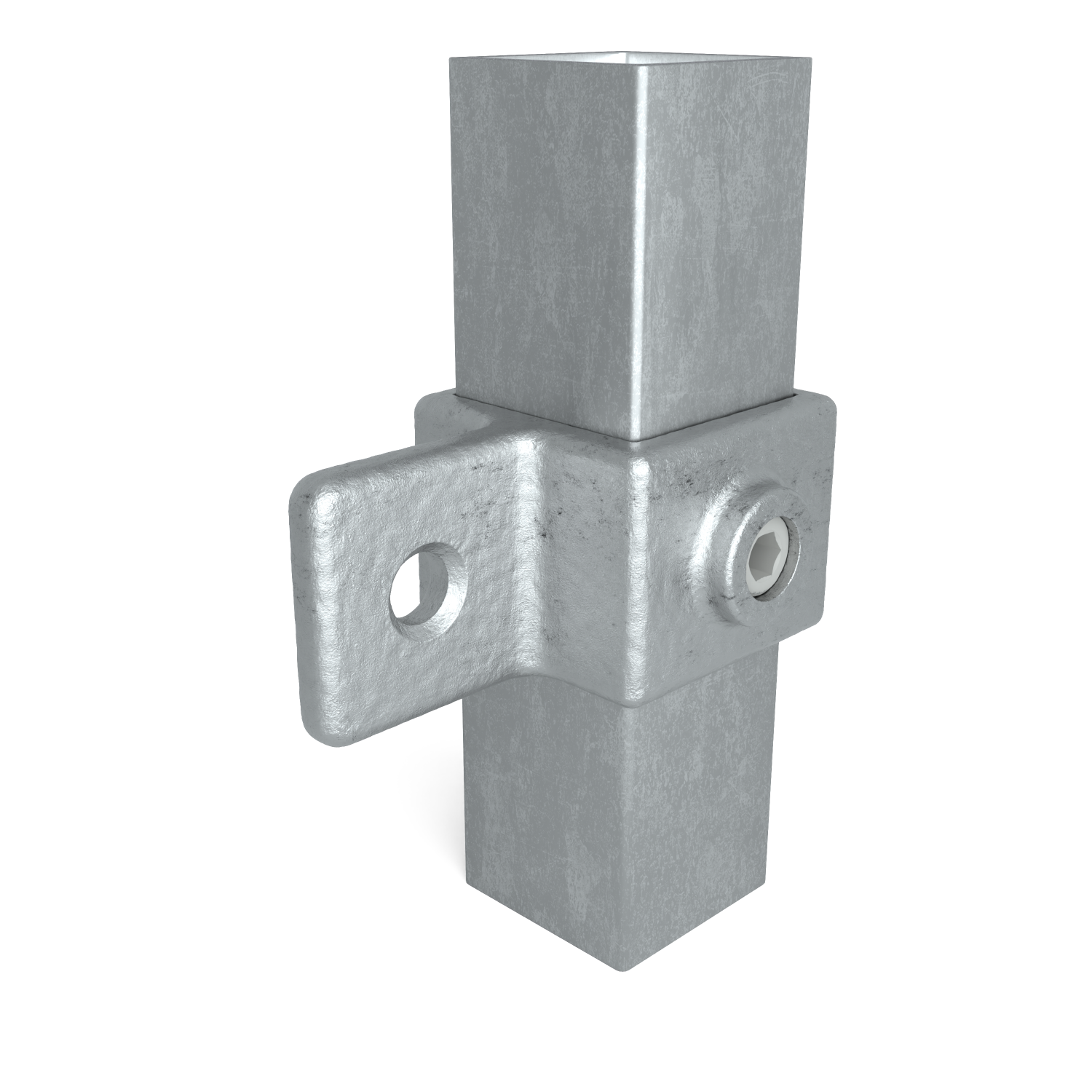 Rohrverbinder Gelenkauge 40 mm quadratisch - Schrägansicht mit Rohren (Rohr-verbinder.de)