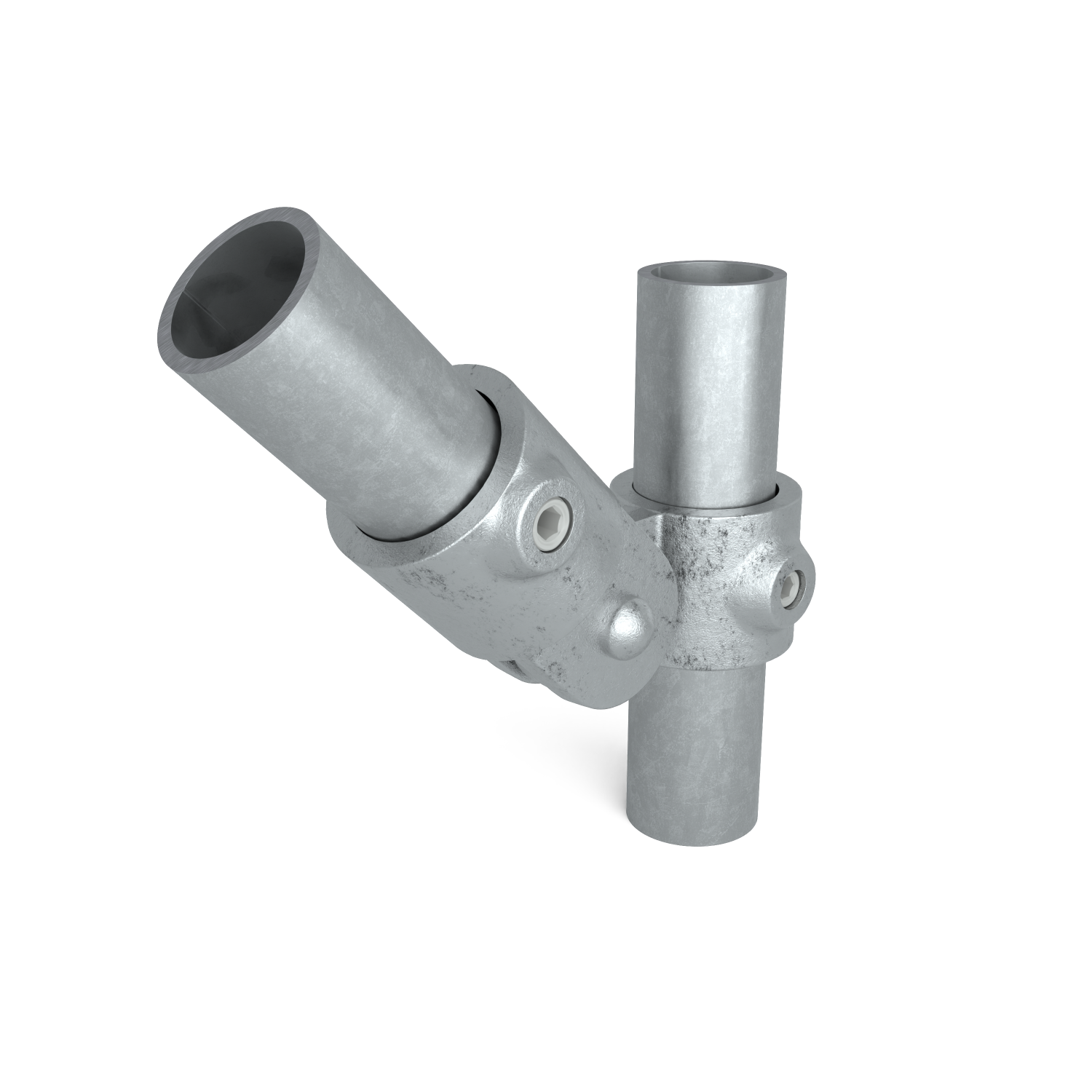 Rohrverbinder Gelenkstück einfach 48,3 mm - Schrägansicht mit Rohren (Rohr-verbinder.de)