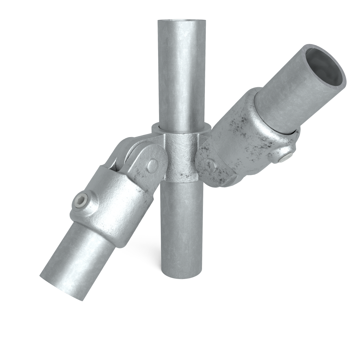 Rohrverbinder Gelenkstück 90º doppelt 60,3 mm - Vorderansicht mit Rohren (Rohr-verbinder.de)