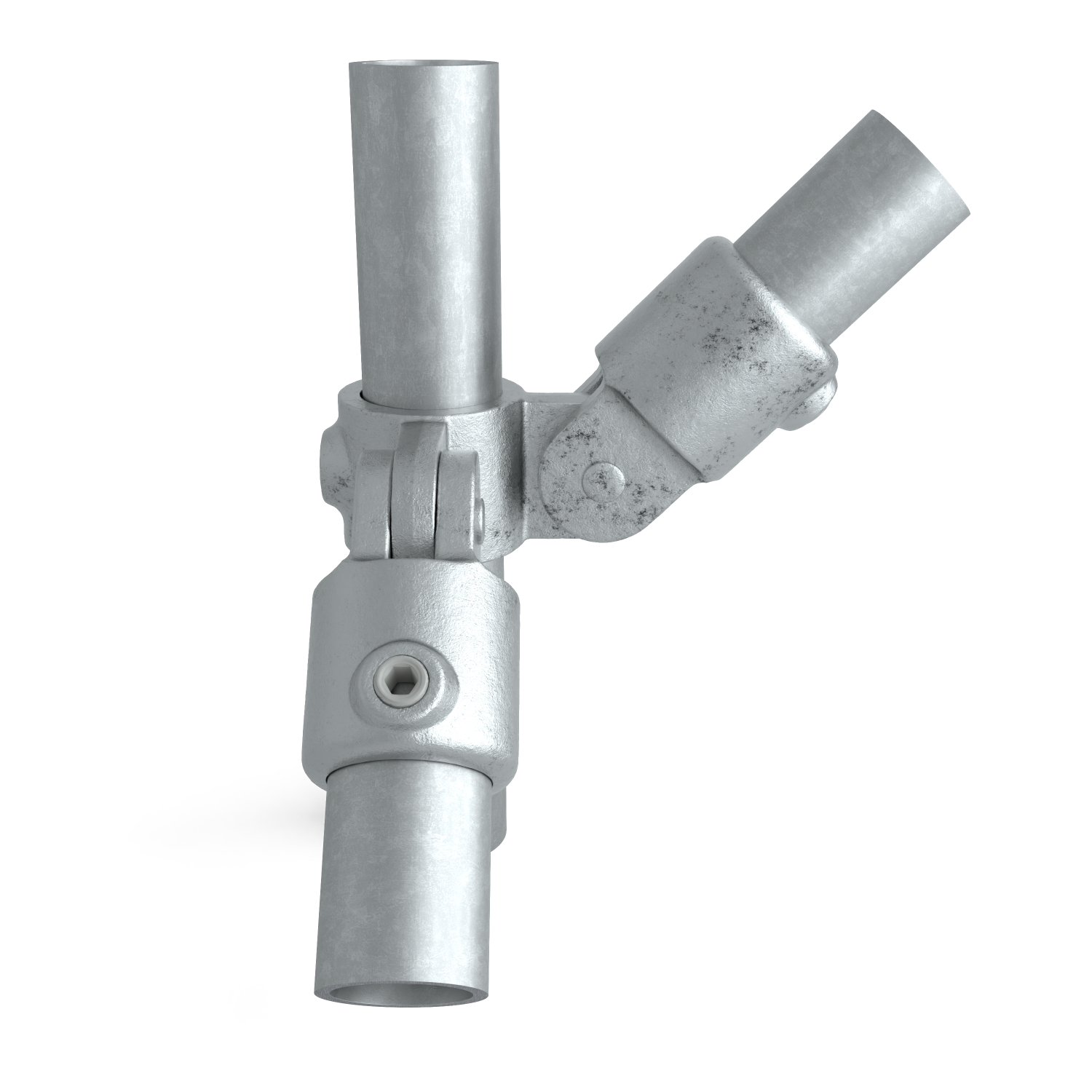 Rohrverbinder Gelenkstück 90º doppelt 42,4 mm - Schrägansicht mit Rohren (Rohr-verbinder.de)