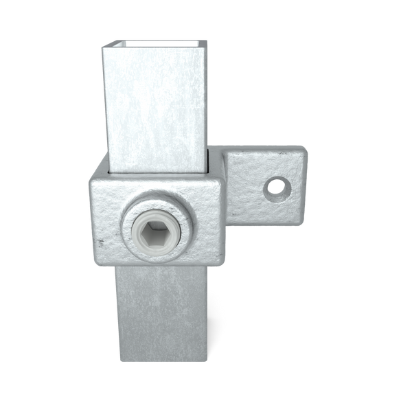 Rohrverbinder Ösenteil mit Einzellasche 25 mm quadratisch - Vorderansicht mit Rohren (Rohr-verbinder.de)