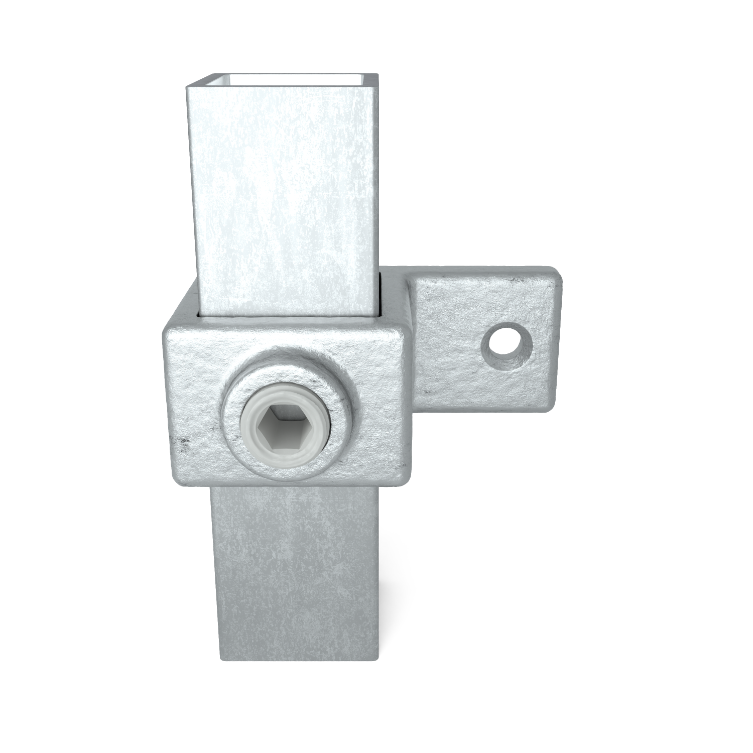 Rohrverbinder Ösenteil mit Einzellasche 25 mm quadratisch - Vorderansicht mit Rohren (Rohr-verbinder.de)