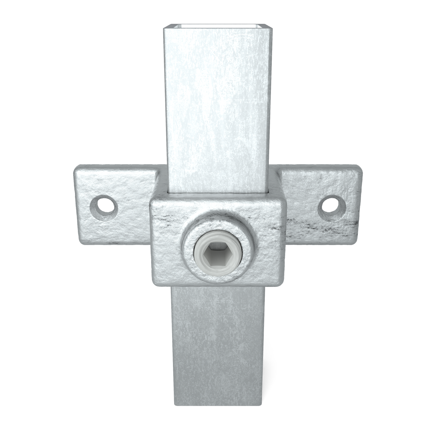 Rohrverbinder Ösenteil mit Doppellasche 25 mm quadratisch - Vorderansicht mit Rohren (Rohr-verbinder.de)