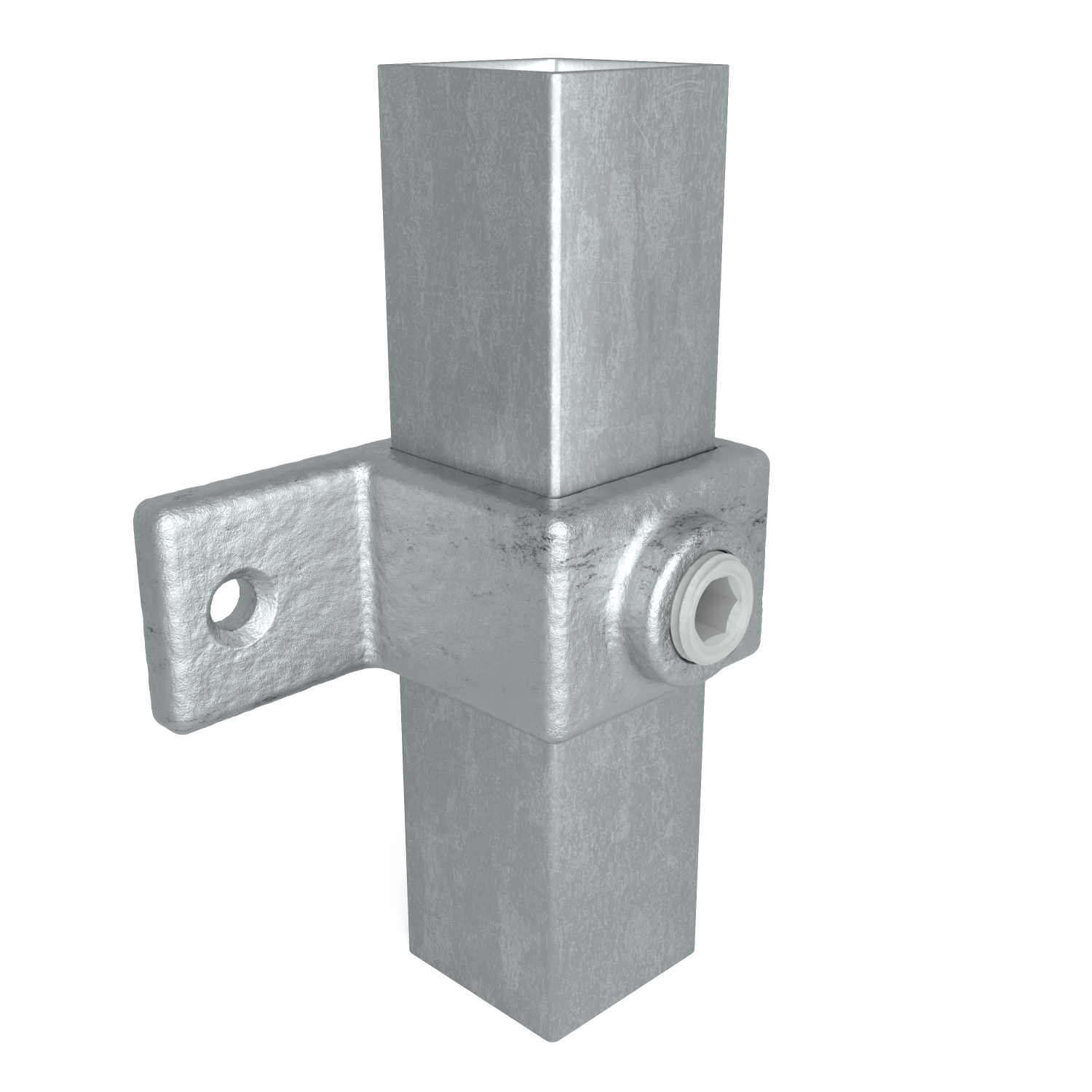 Rohrverbinder Ösenteil mit Doppellasche 25 mm quadratisch - Schrägansicht mit Rohren (Rohr-verbinder.de)