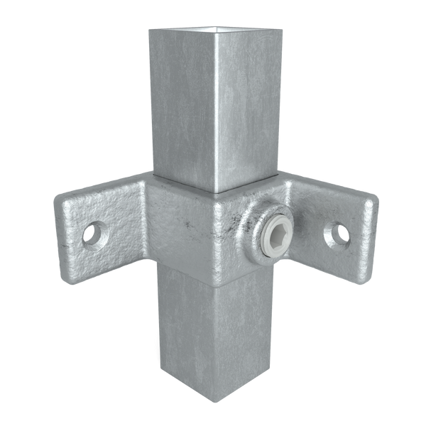 Rohrverbinder Ösenteil mit Doppellasche 90° 25 mm quadratisch - Vorderansicht mit Rohren (Rohr-verbinder.de)