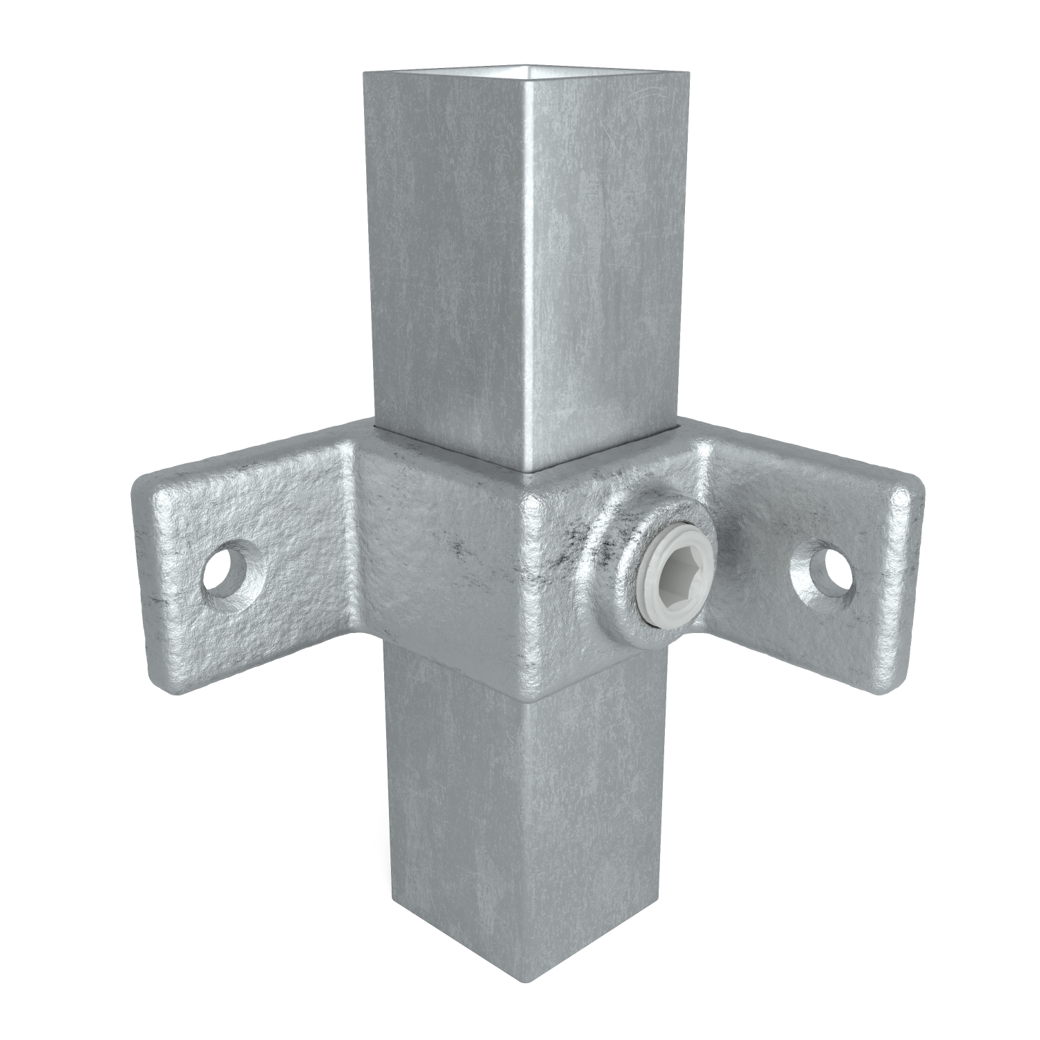 Rohrverbinder Ösenteil mit Doppellasche 90° 25 mm quadratisch - Vorderansicht mit Rohren (Rohr-verbinder.de)