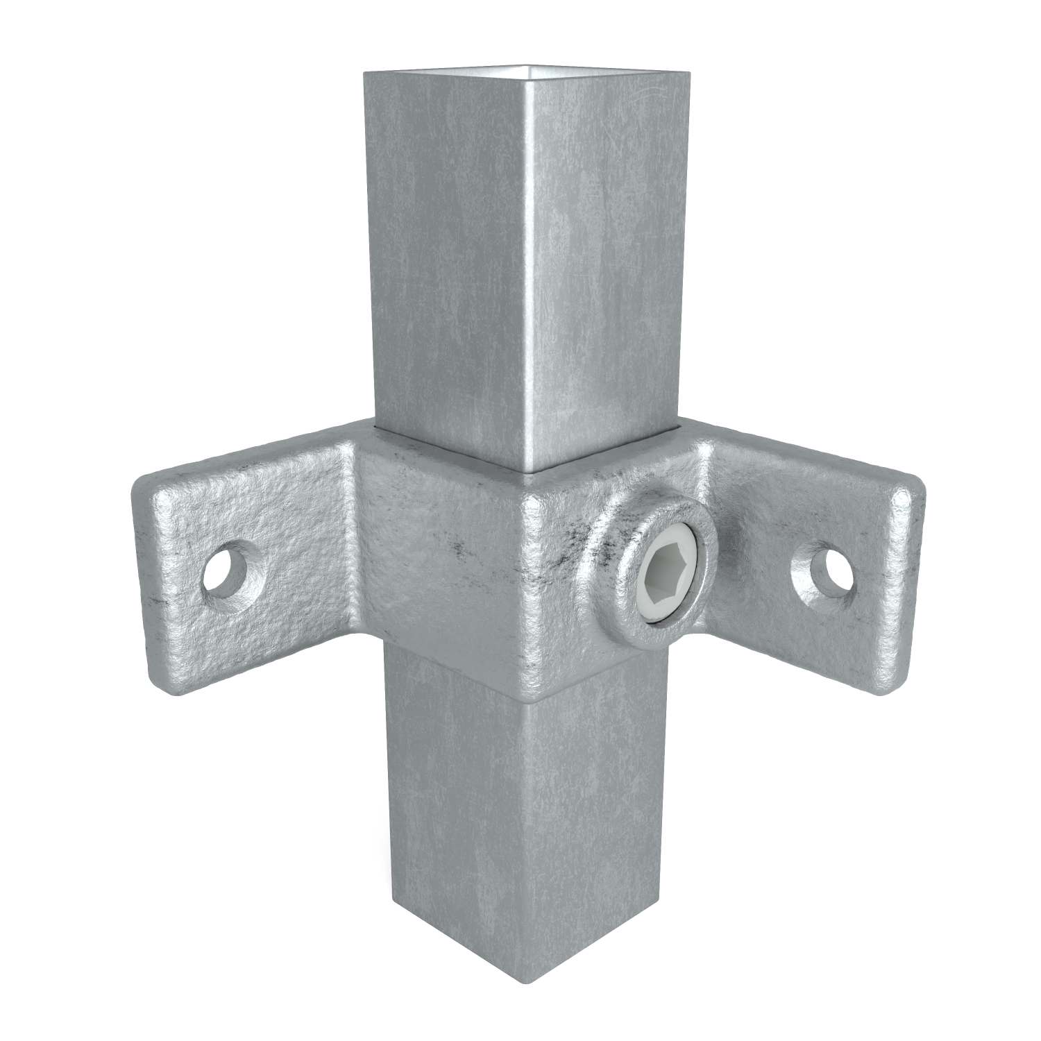 Rohrverbinder Ösenteil mit Doppellasche 90º 40 mm quadratisch - Vorderansicht mit Rohren (Rohr-verbinder.de)