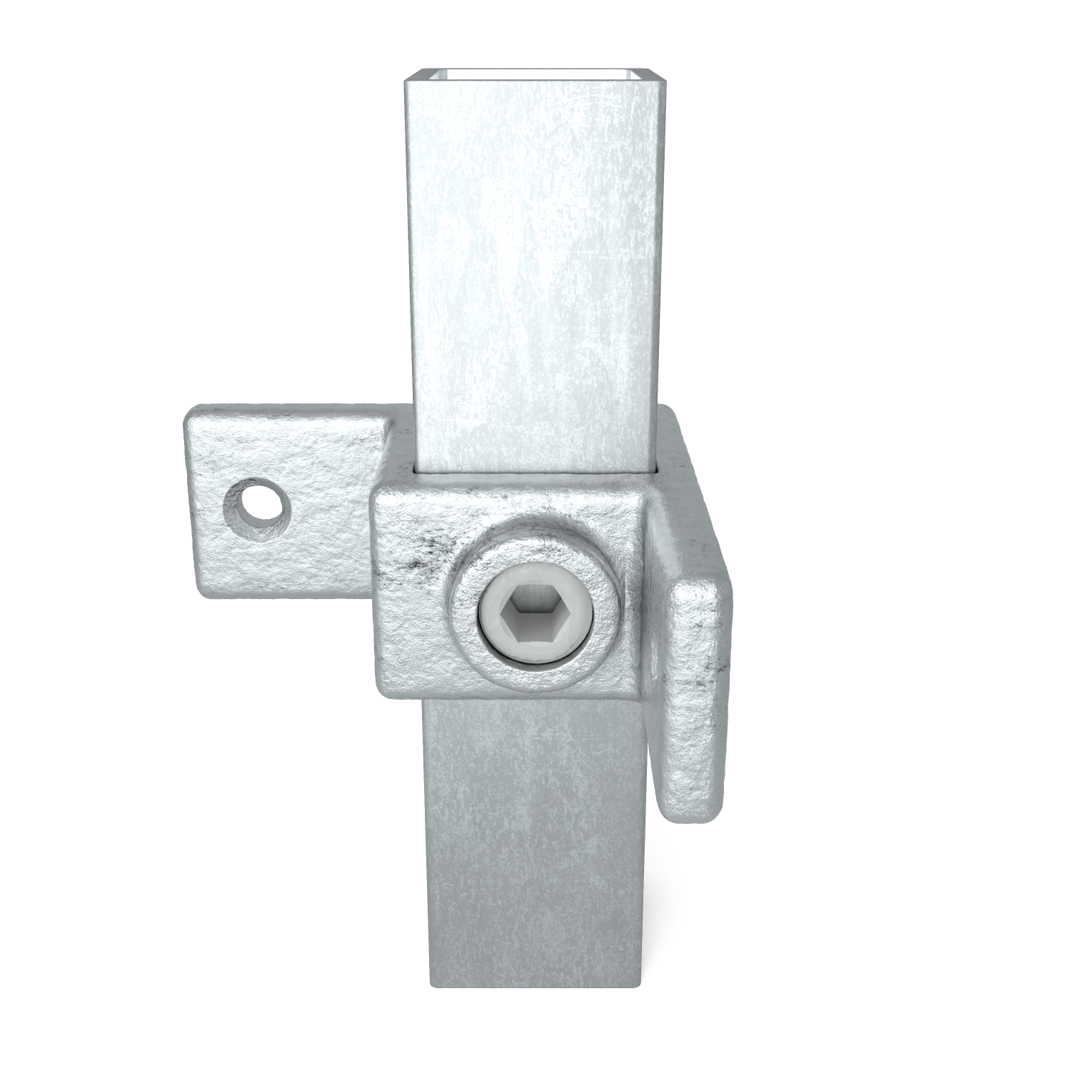 Rohrverbinder Ösenteil mit Doppellasche 90º 40 mm quadratisch - Schrägansicht mit Rohren (Rohr-verbinder.de)