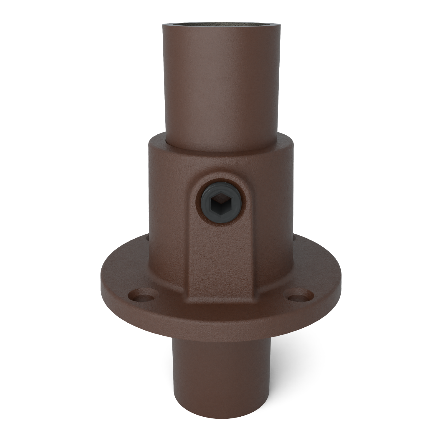 Rohrverbinder Fußplatte rund durchgehend vintage 33,7 mm - Vorderansicht mit Rohren (Rohr-verbinder.de)