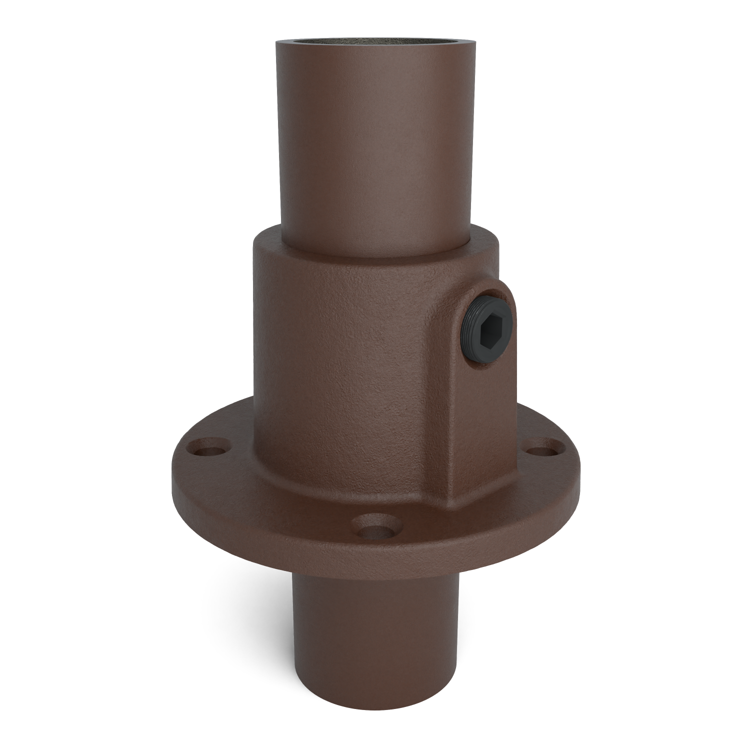 Rohrverbinder Fußplatte rund durchgehend vintage 33,7 mm - Schrägansicht mit Rohren (Rohr-verbinder.de)