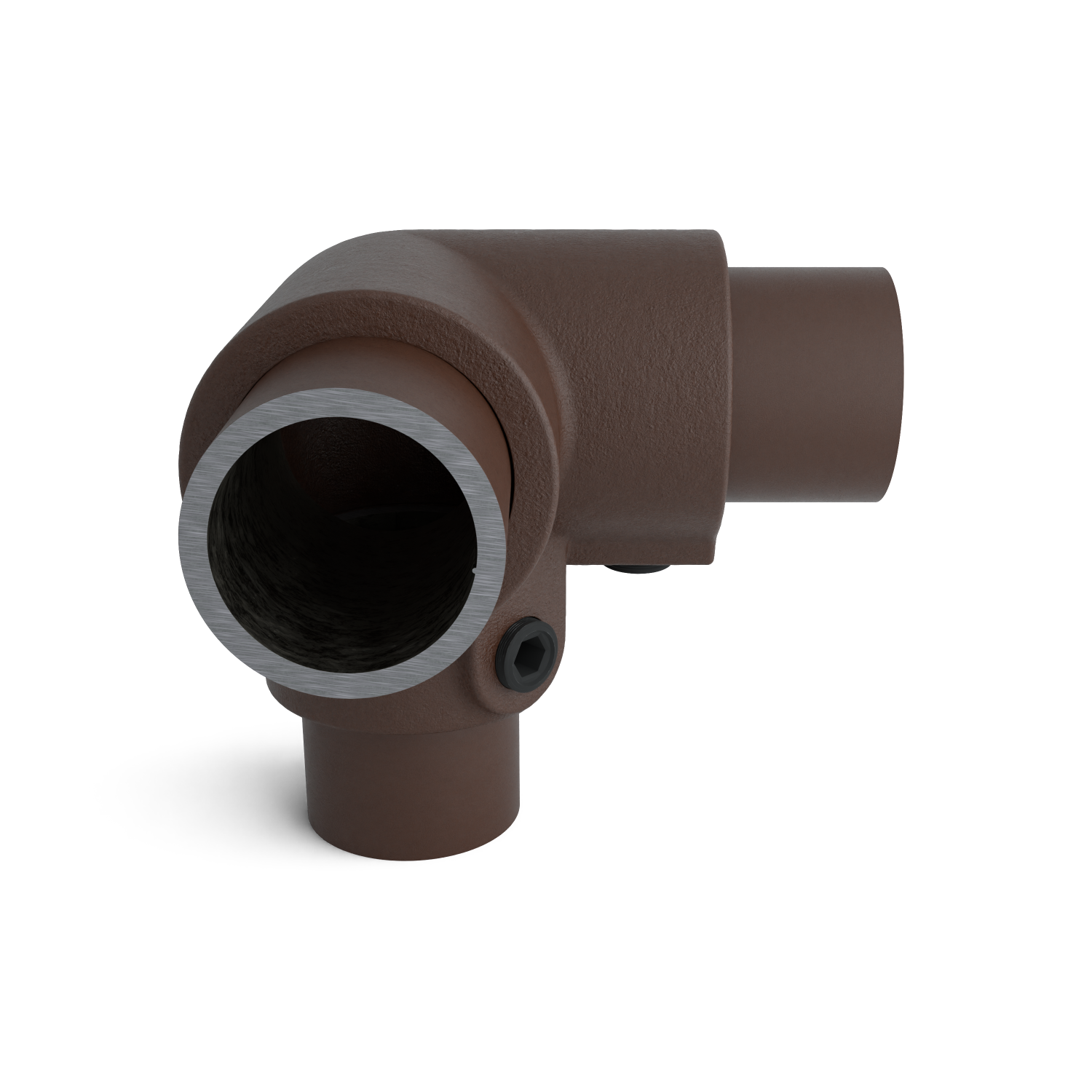 Rohrverbinder Dreiweg-Eckstück 90º vintage 26,9 mm - Schrägansicht mit Rohren (Rohr-verbinder.de)