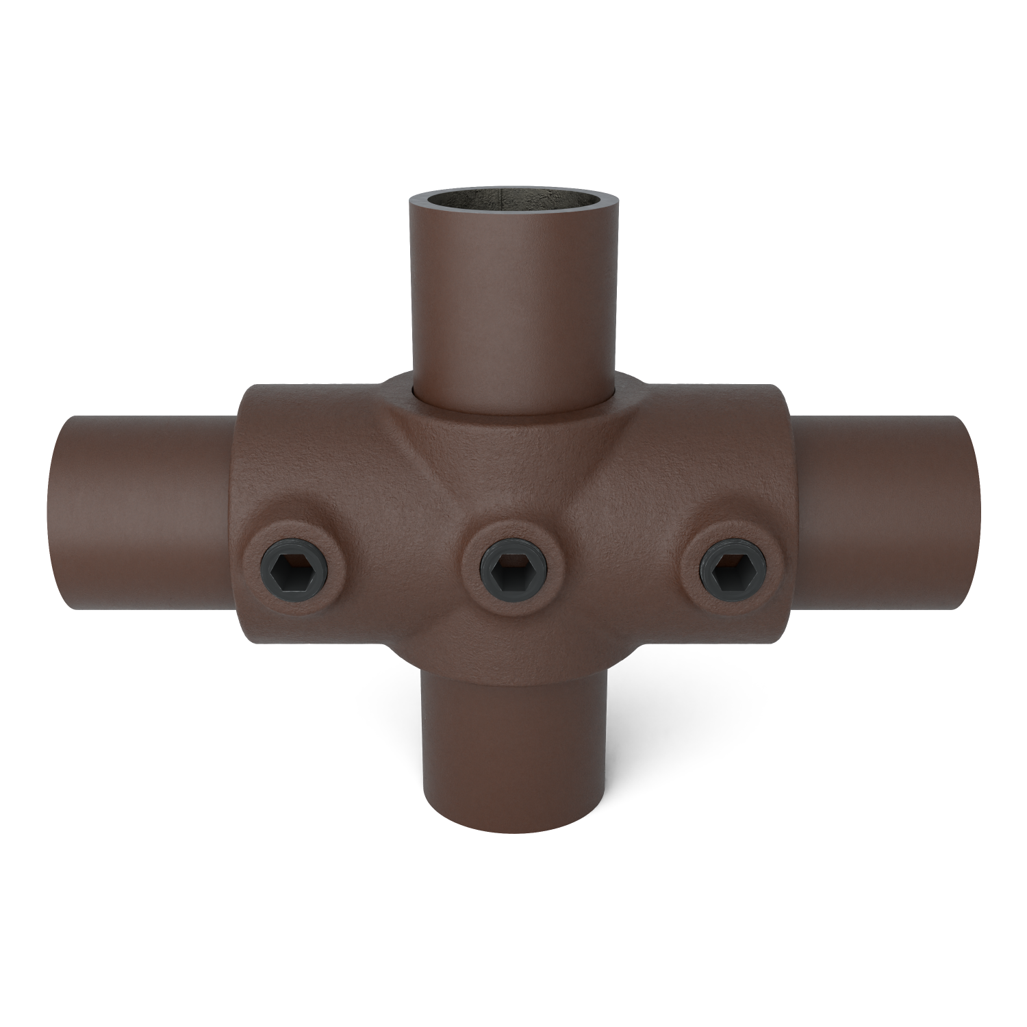 Rohrverbinder Kreuzstück in 1 Ebene vintage 33,7 mm - Vorderansicht mit Rohren (Rohr-verbinder.de)