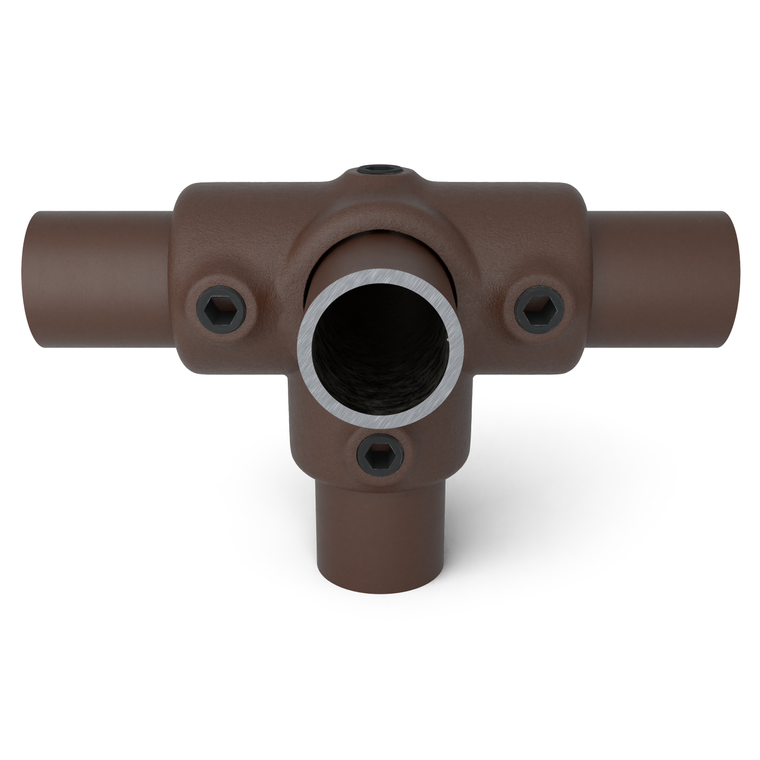 Rohrverbinder T-Stück für Stützrohr vintage 33,7 mm - Vorderansicht mit Rohren (Rohr-verbinder.de)