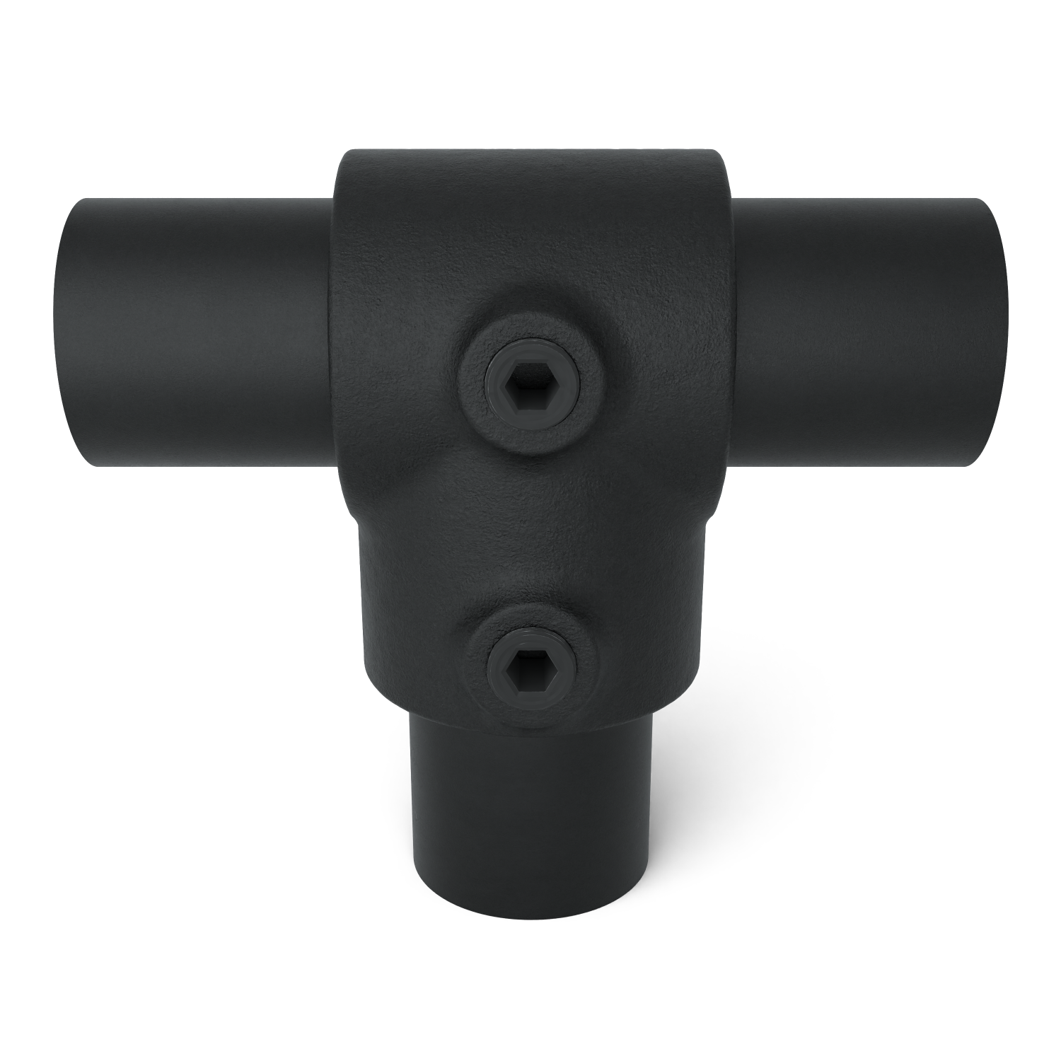 Rohrverbinder T-Stück kurz schwarz 48,3 mm - Vorderansicht mit Rohren (Rohr-verbinder.de)