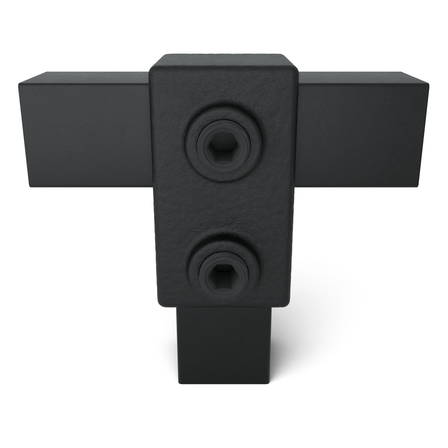 Rohrverbinder T-Stück kurz schwarz 25 mm quadratisch - Vorderansicht mit Rohren (Rohr-verbinder.de)
