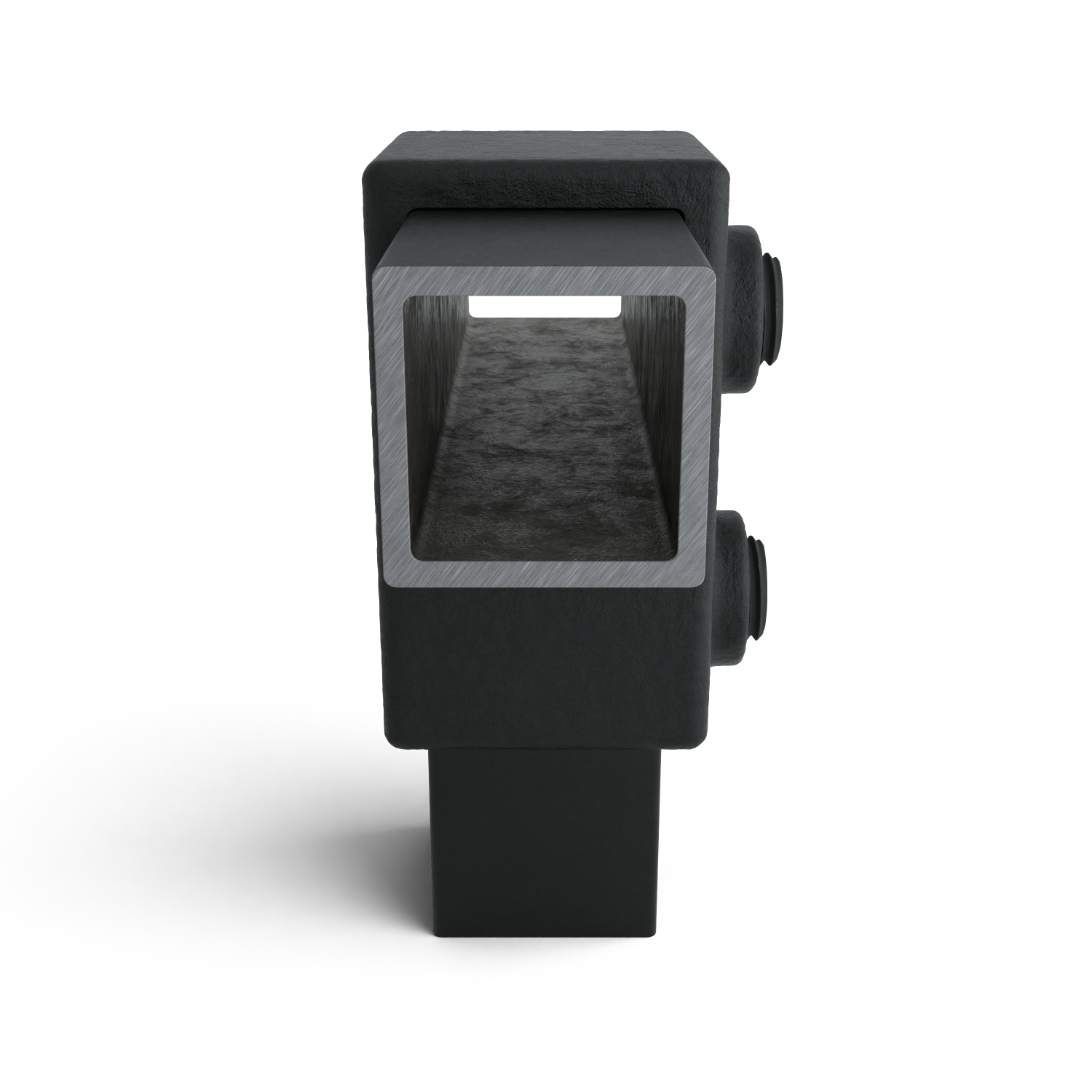 Rohrverbinder T-Stück kurz schwarz 25 mm quadratisch - Seitenansicht mit Rohren (Rohr-verbinder.de)