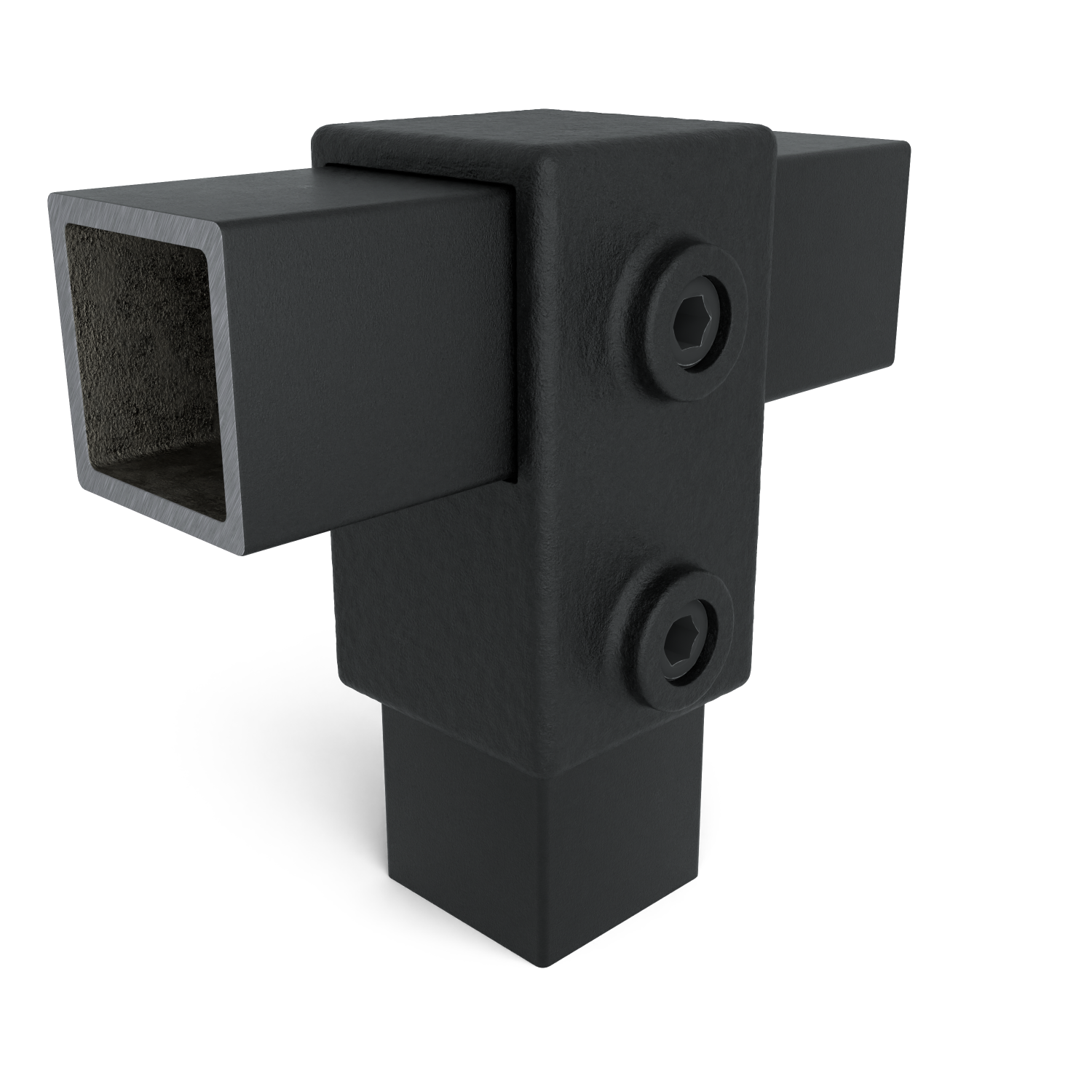 Rohrverbinder T-Stück kurz schwarz 40 mm quadratisch - Schrägansicht mit Rohren (Rohr-verbinder.de)