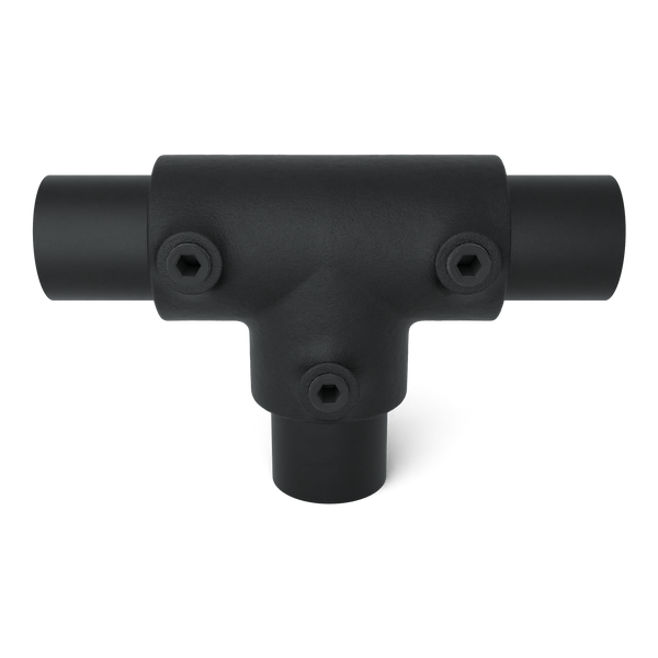 Rohrverbinder T-Stück lang - Schwarz für außen - 42,4 mm - Vorderansicht mit Rohren (Rohr-verbinder.de)