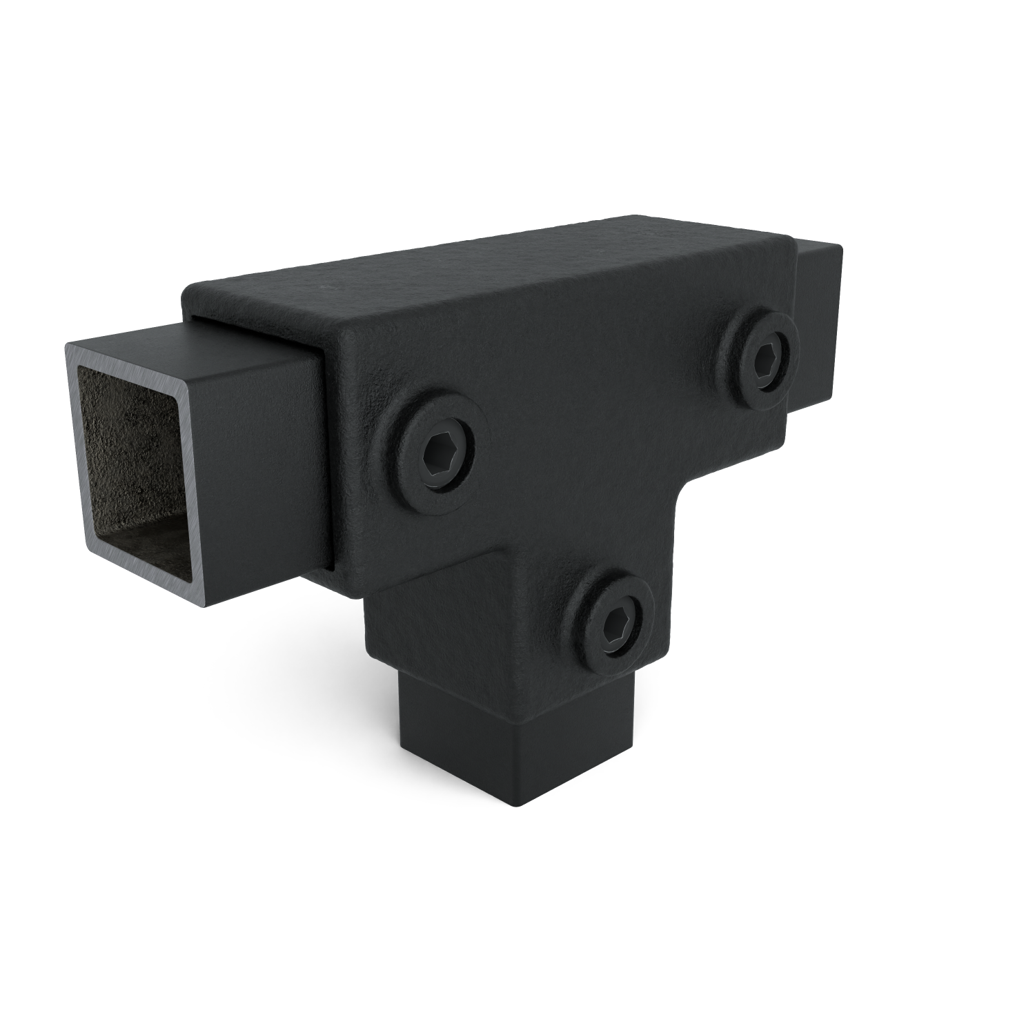 Rohrverbinder T-Stück lang schwarz 40 mm quadratisch - Schrägansicht mit Rohren (Rohr-verbinder.de)