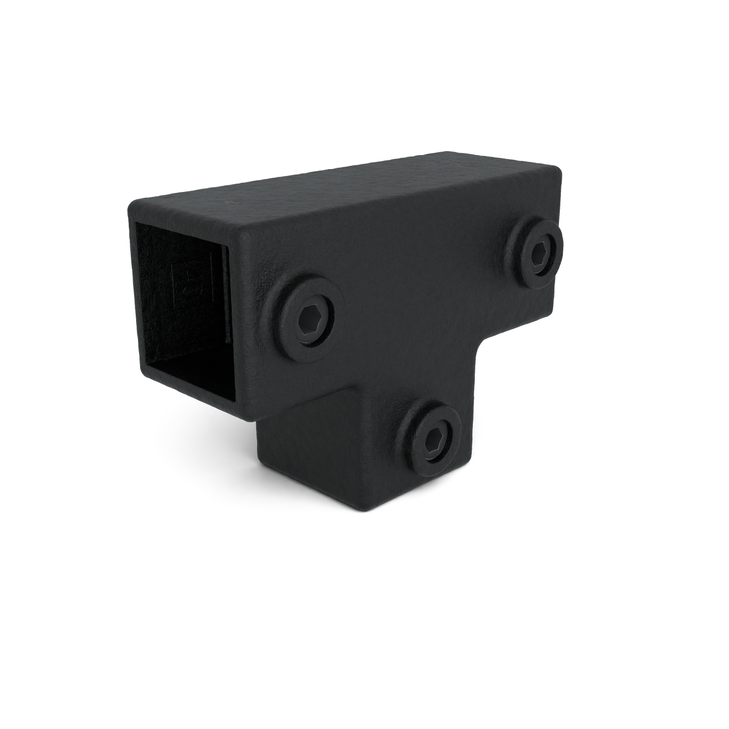 Rohrverbinder T-Stück lang schwarz 40 mm quadratisch - Schrägansicht Rohrverbinder (Rohr-verbinder.de)