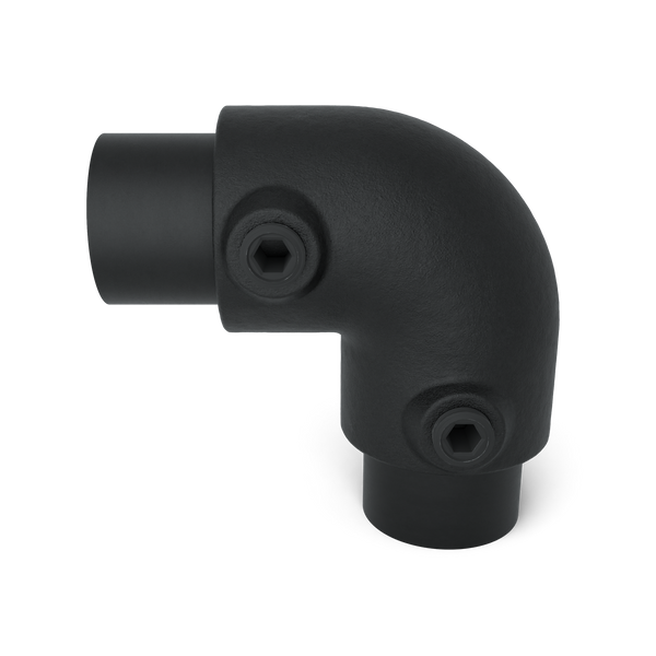 Rohrverbinder Bogen 90º - Schwarz für außen - 33,7 mm - Vorderansicht mit Rohren (Rohr-verbinder.de)