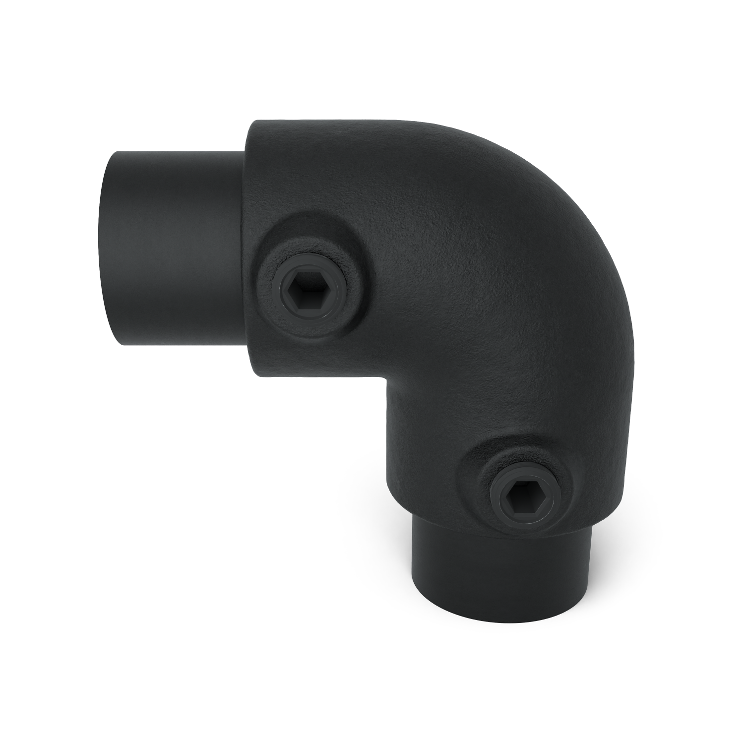 Rohrverbinder Bogen 90º - Schwarz für außen - 33,7 mm - Vorderansicht mit Rohren (Rohr-verbinder.de)