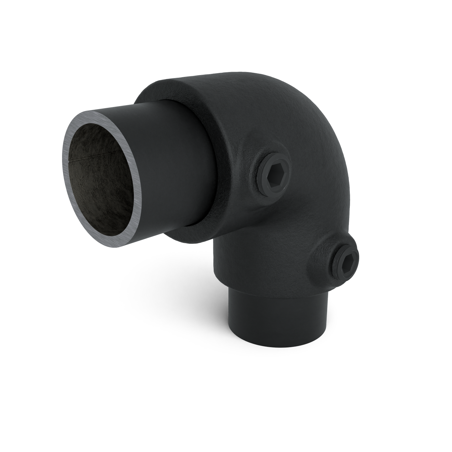 Rohrverbinder Bogen 90º - Schwarz für außen - 42,4 mm - Schrägansicht mit Rohren (Rohr-verbinder.de)