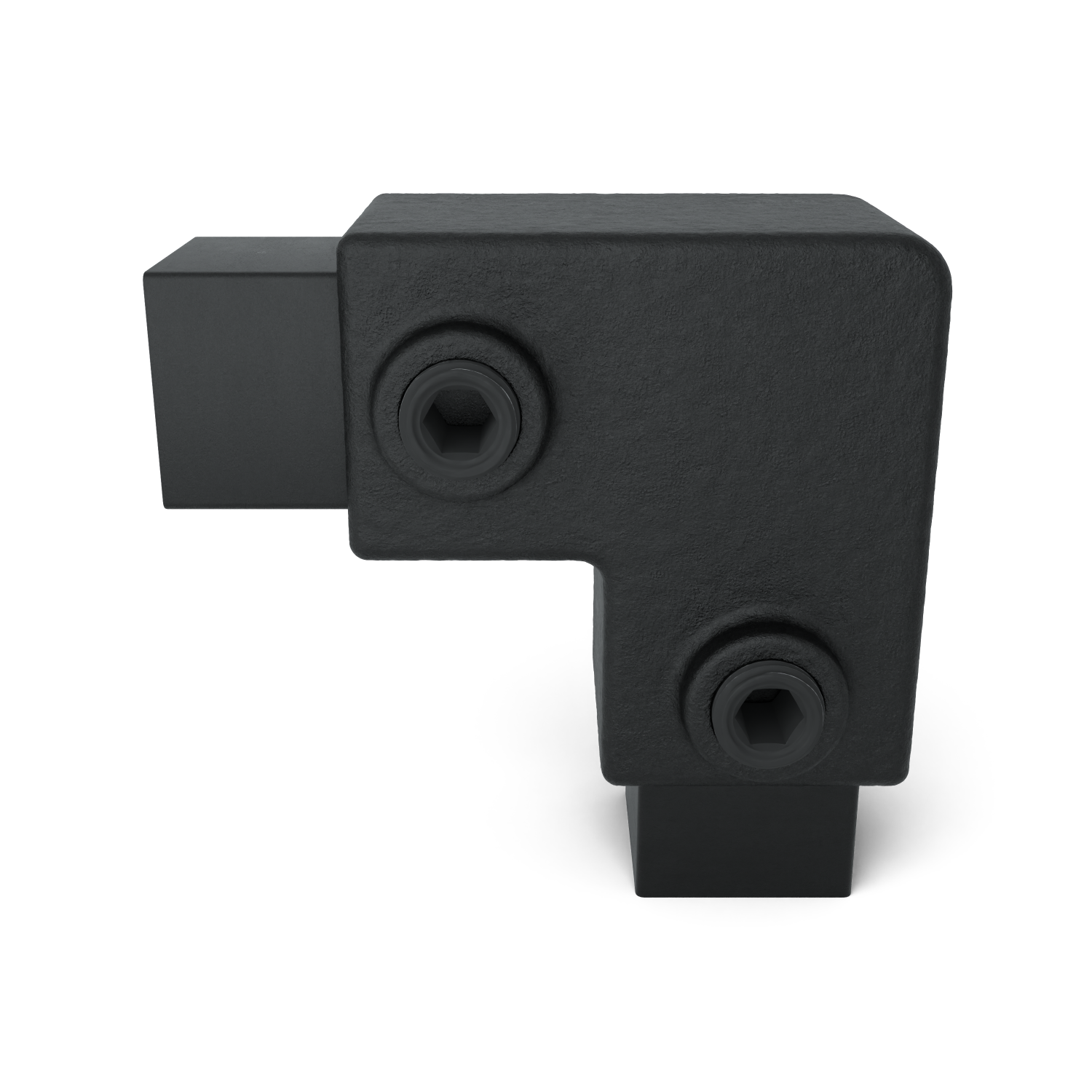 Rohrverbinder Bogen 90º schwarz 25 mm quadratisch - Vorderansicht mit Rohren (Rohr-verbinder.de)