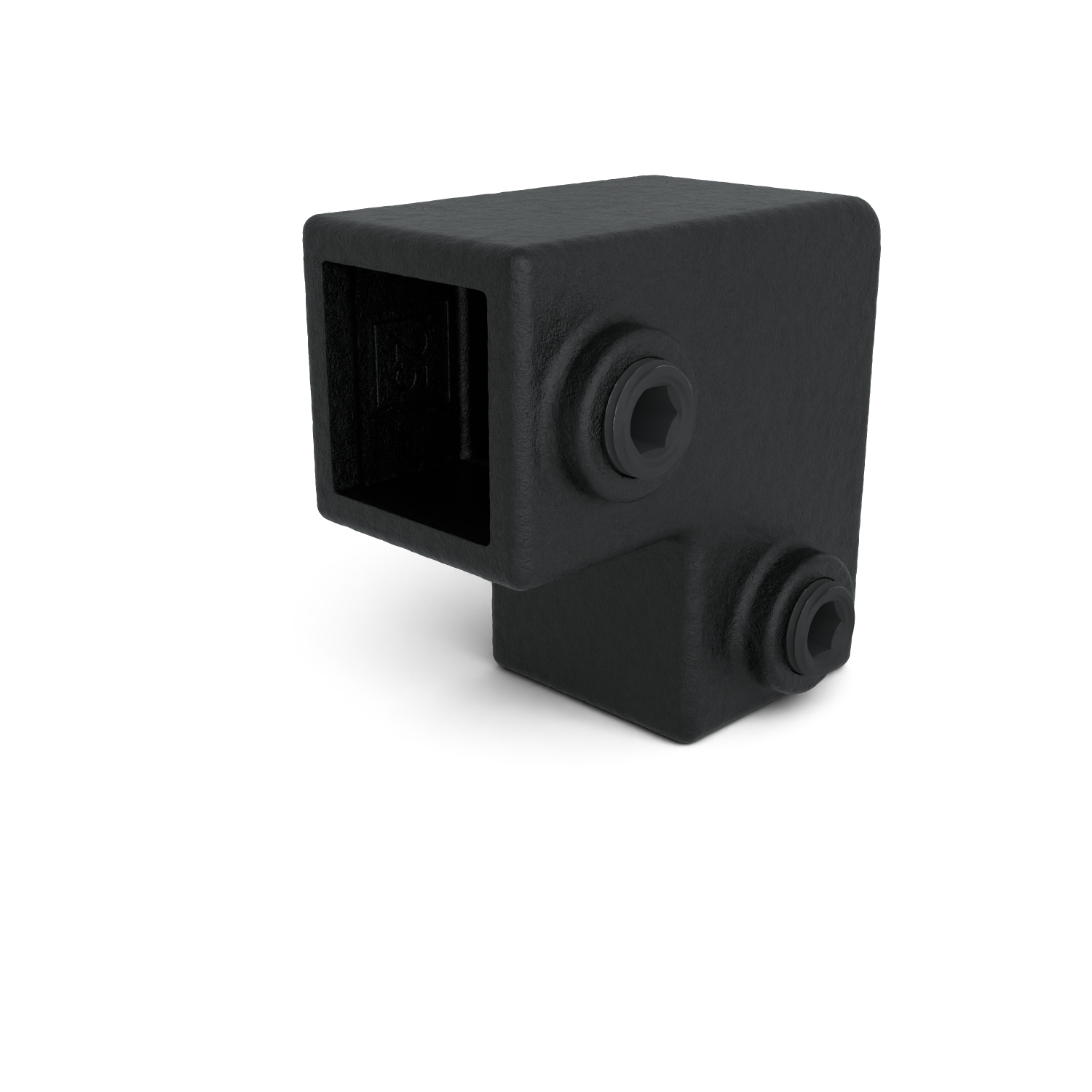 Rohrverbinder Bogen 90º schwarz 25 mm quadratisch - Schrägansicht Rohrverbinder (Rohr-verbinder.de)