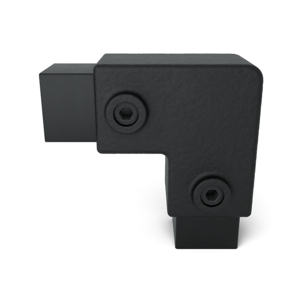 Rohrverbinder Bogen 90º schwarz 40 mm quadratisch - Vorderansicht mit Rohren (Rohr-verbinder.de)