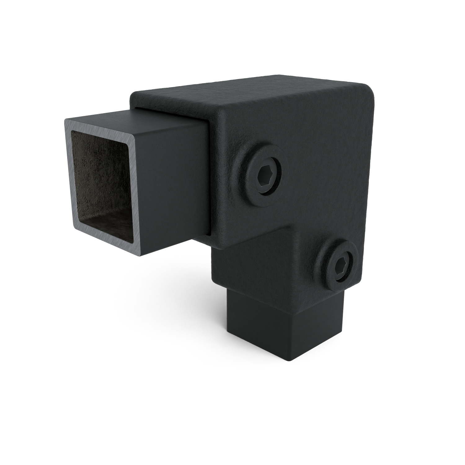 Rohrverbinder Bogen 90º schwarz 40 mm quadratisch - Schrägansicht mit Rohren (Rohr-verbinder.de)
