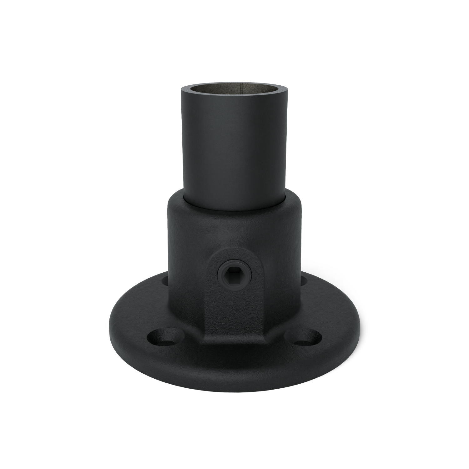 Rohrverbinder Fußplatte rund schwarz 33,7 mm - Vorderansicht mit Rohren (Rohr-verbinder.de)