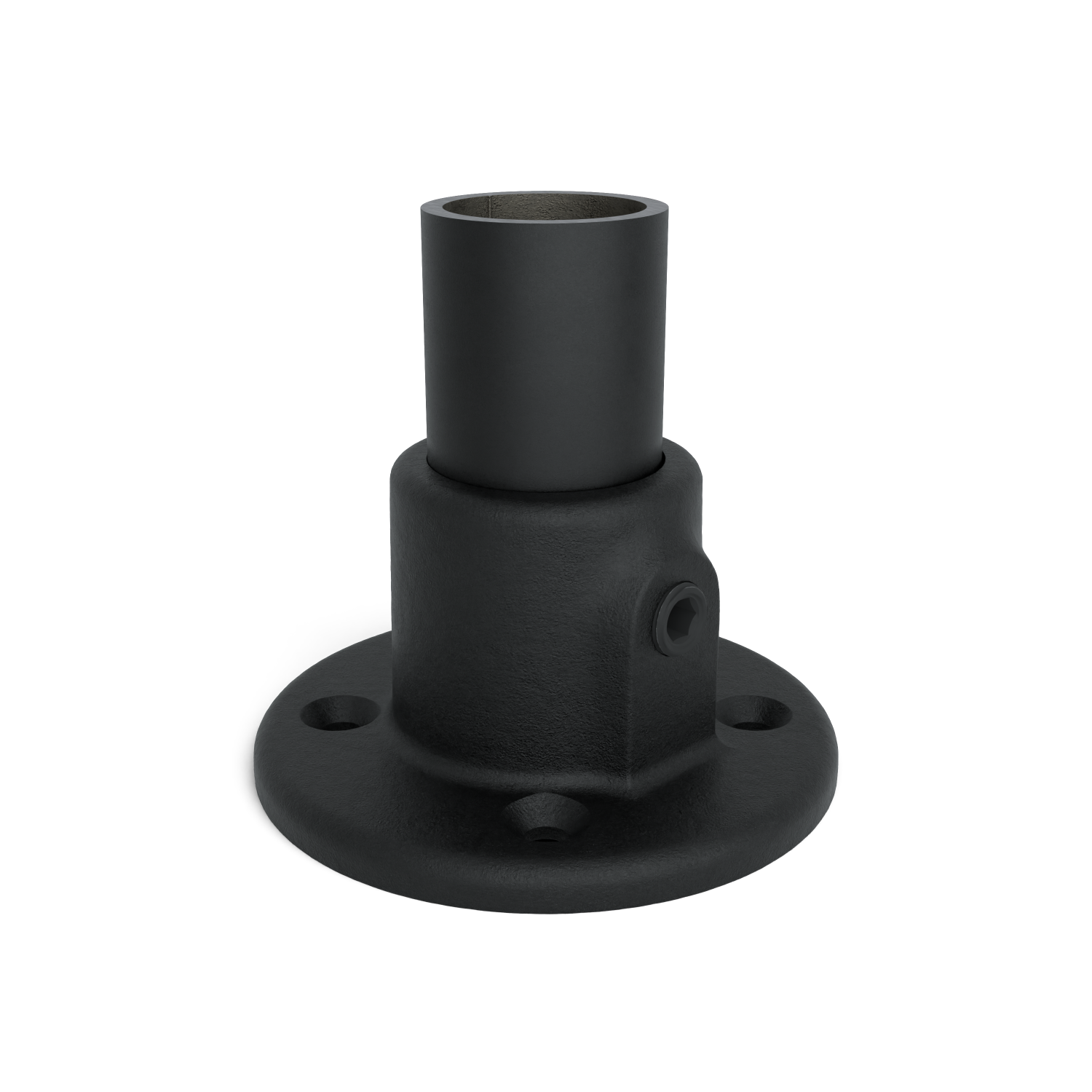 Rohrverbinder Fußplatte rund schwarz 33,7 mm - Schrägansicht mit Rohren (Rohr-verbinder.de)