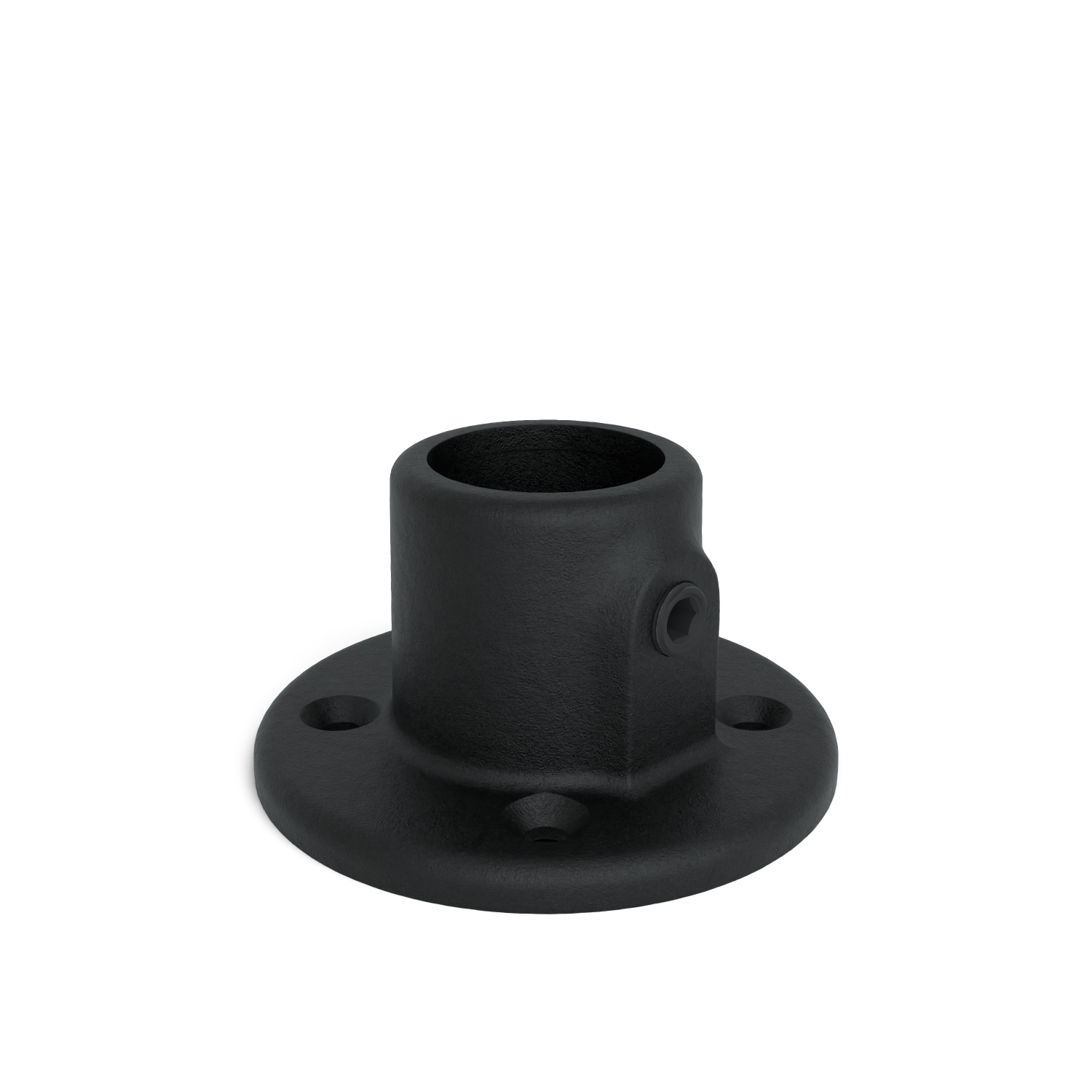Rohrverbinder Fußplatte rund schwarz 42,4 mm - Schrägansicht Rohrverbinder (Rohr-verbinder.de)