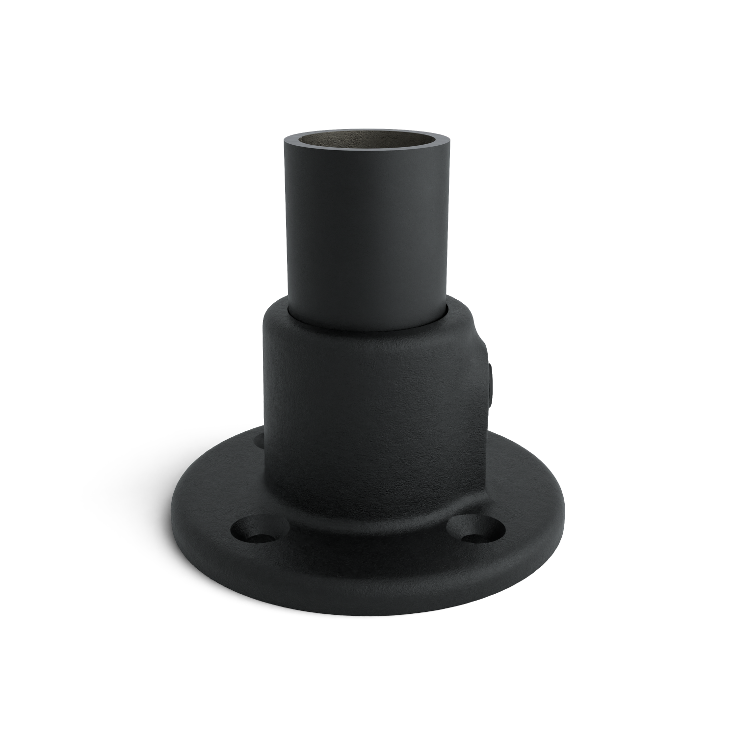 Rohrverbinder Fußplatte rund schwarz 26,9 mm - Seitenansicht mit Rohren (Rohr-verbinder.de)