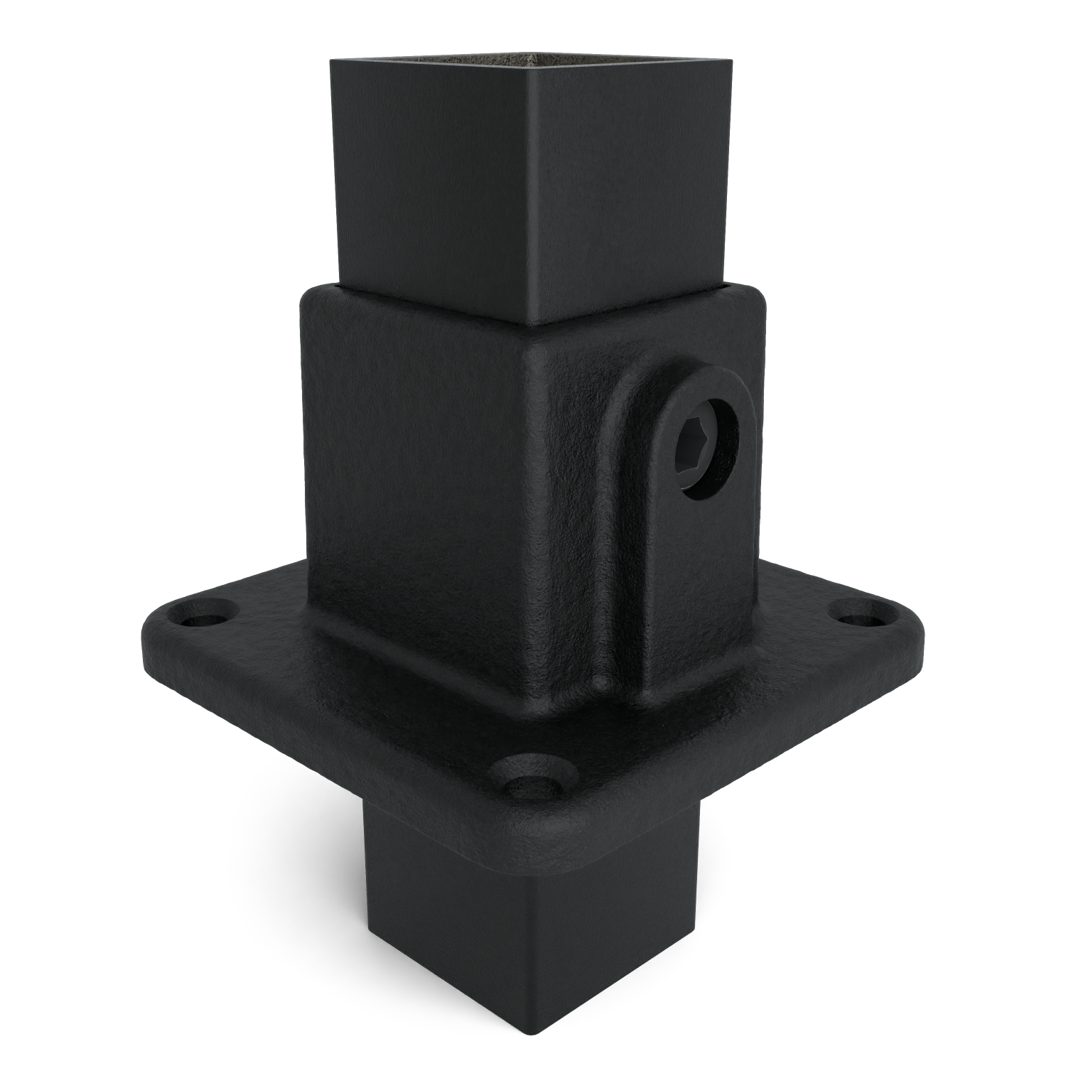 Rohrverbinder Fußplatte schwarz 40 mm quadratisch - Schrägansicht mit Rohren (Rohr-verbinder.de)