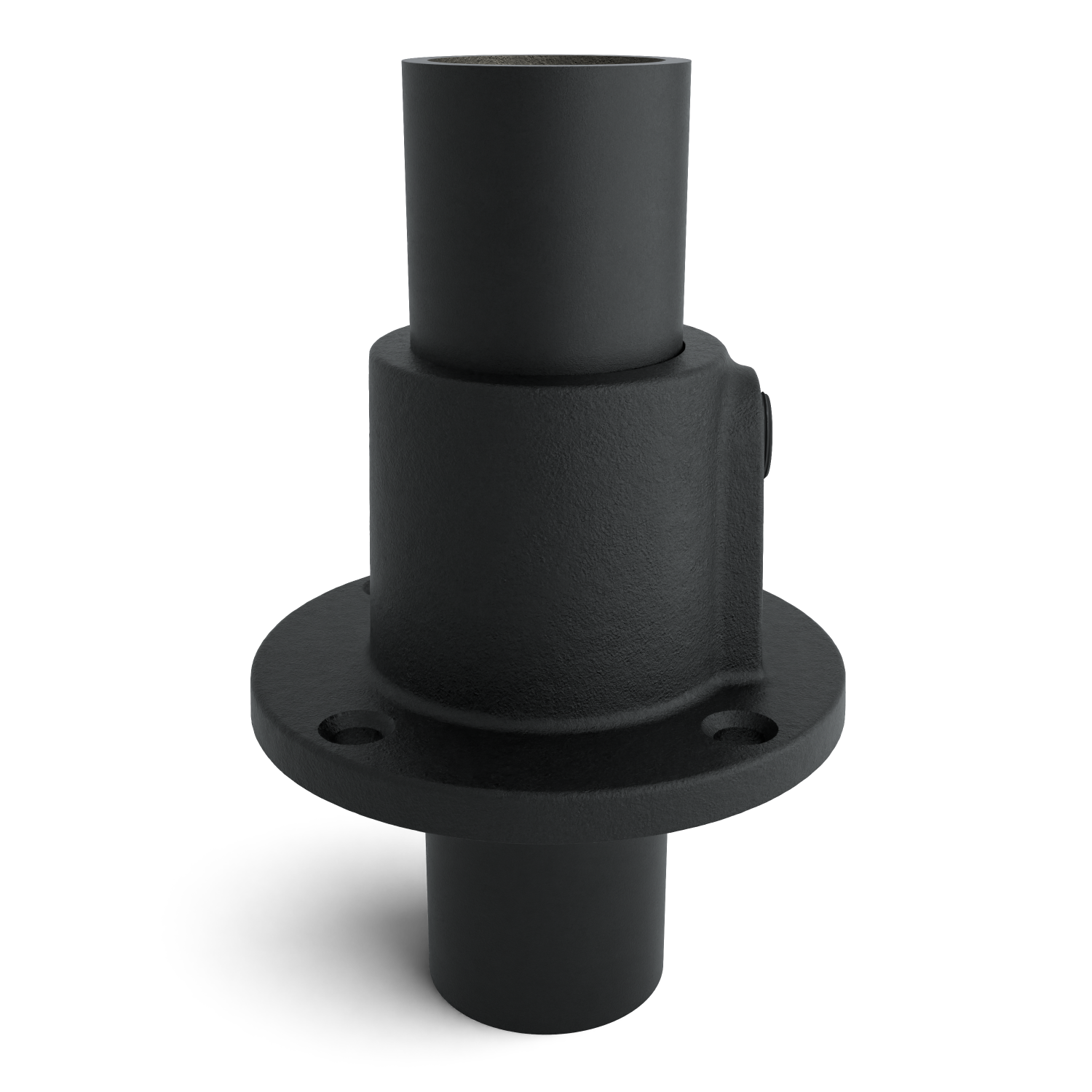 Rohrverbinder Fußplatte rund durchgehend schwarz 21,3 mm - Seitenansicht mit Rohren (Rohr-verbinder.de)