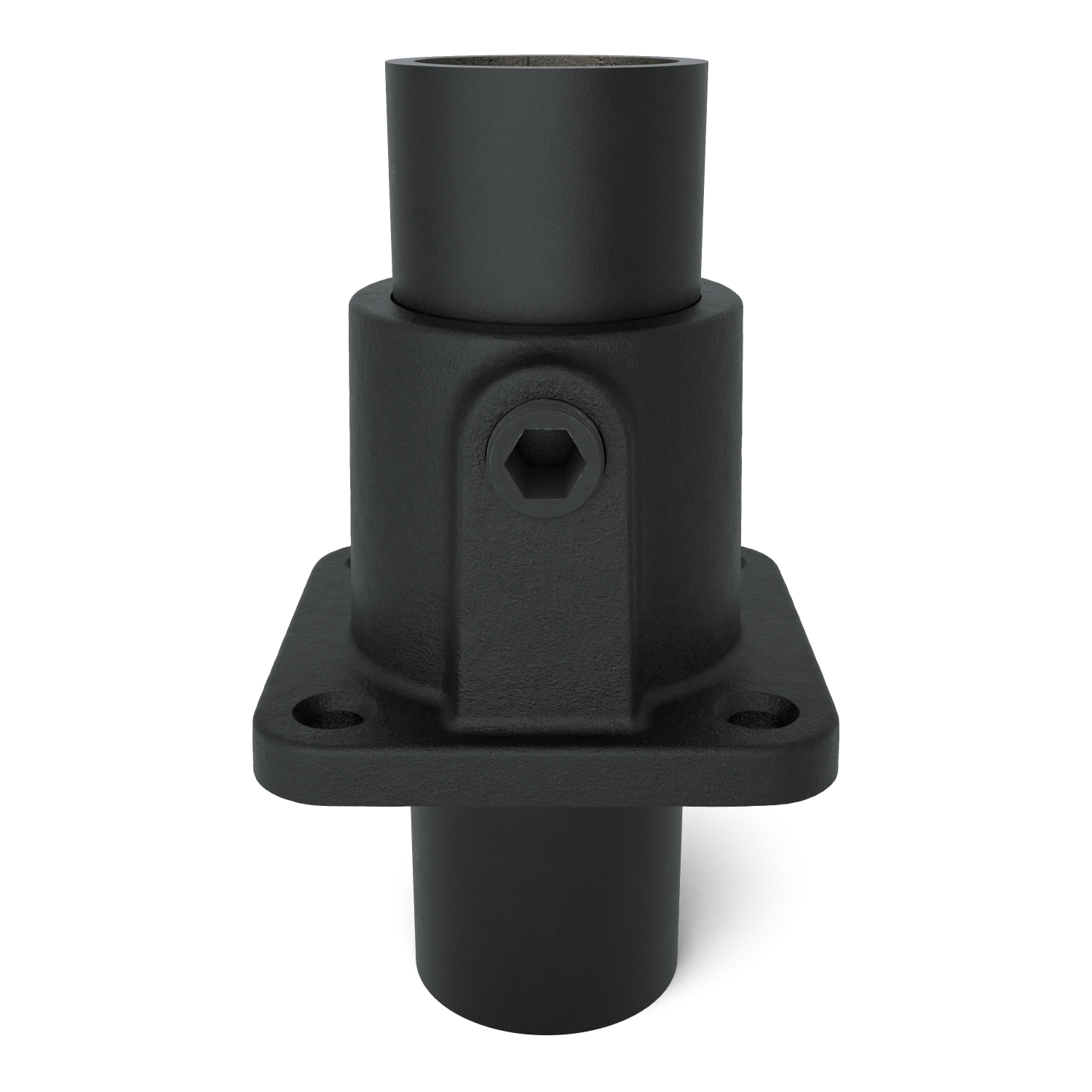 Rohrverbinder Fußplatte quadratisch schwarz 42,4 mm - Vorderansicht mit Rohren (Rohr-verbinder.de)