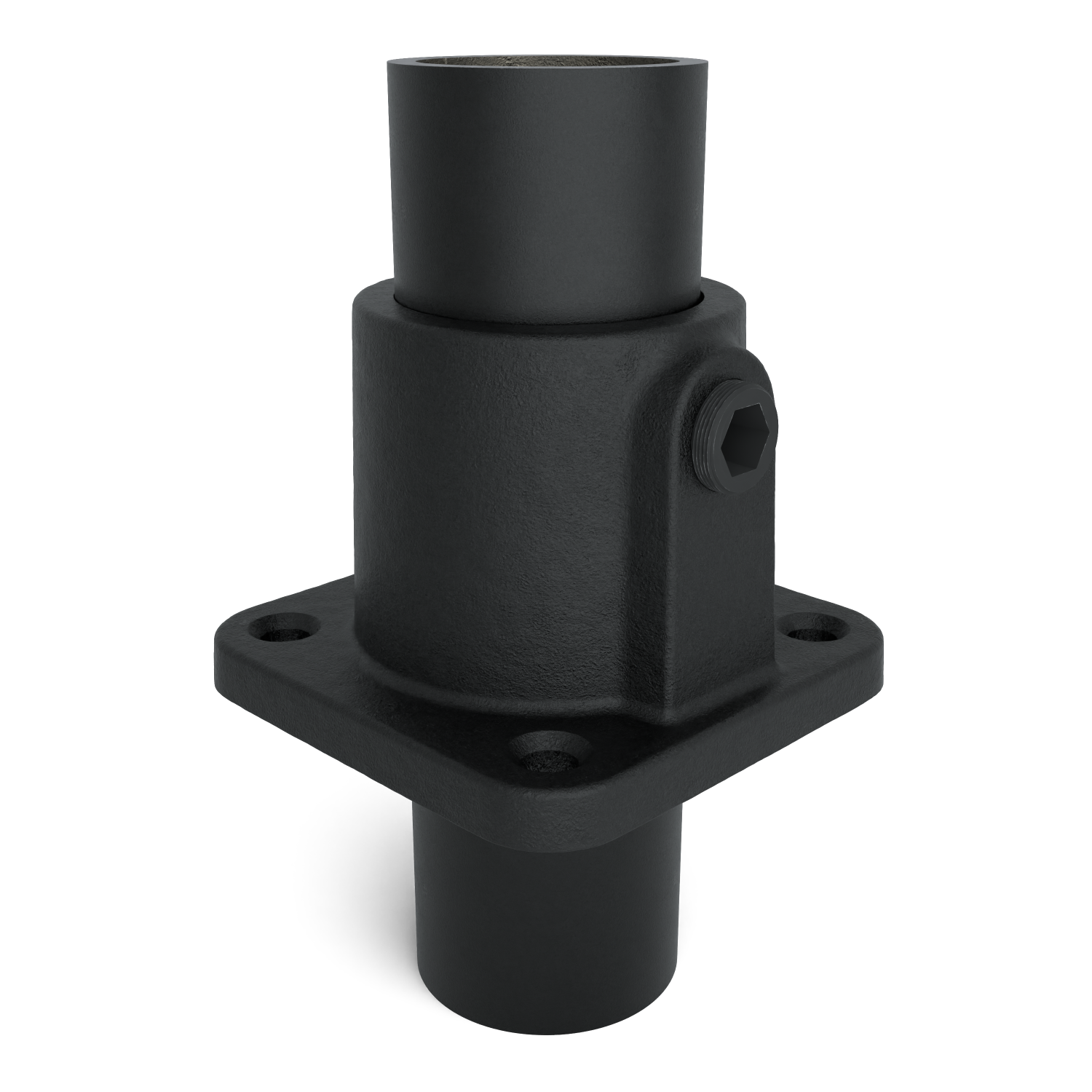 Rohrverbinder Fußplatte quadratisch schwarz 33,7 mm - Schrägansicht mit Rohren (Rohr-verbinder.de)