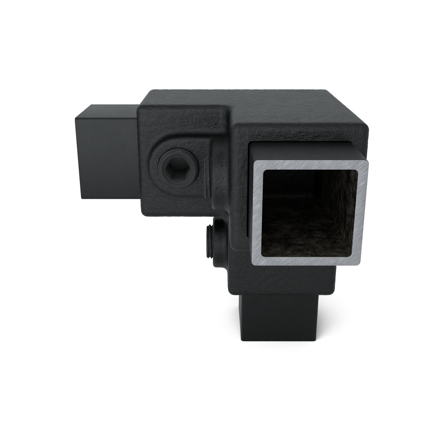 Rohrverbinder Dreiweg-Eckstück 90º schwarz 25 mm quadratisch - Schrägansicht mit Rohren (Rohr-verbinder.de)