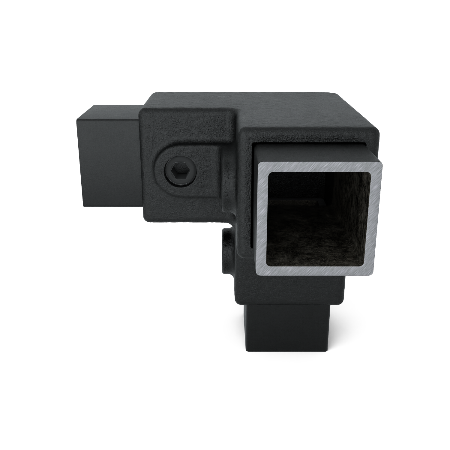 Rohrverbinder Dreiweg-Eckstück 90º schwarz 40 mm quadratisch - Schrägansicht mit Rohren (Rohr-verbinder.de)