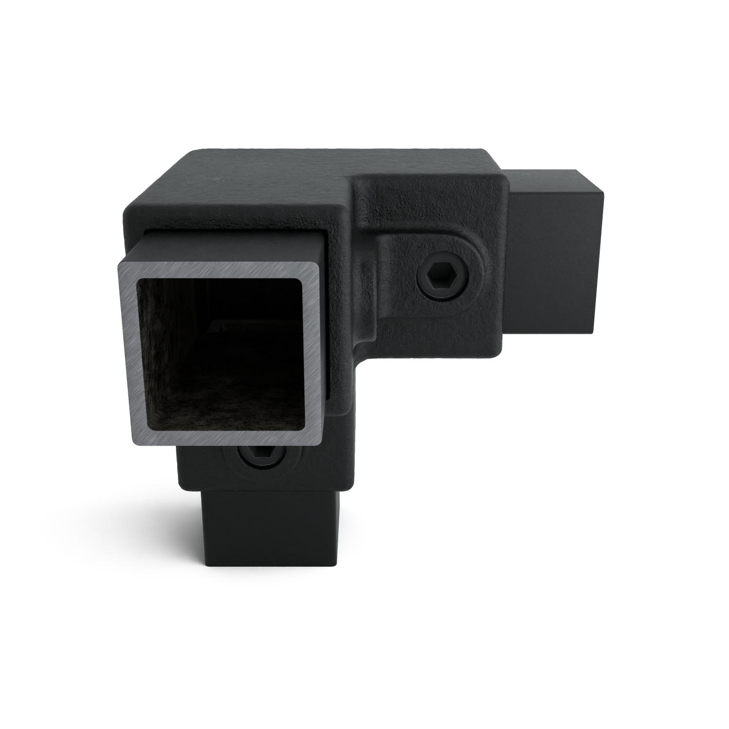 Rohrverbinder Dreiweg-Eckstück 90º schwarz 40 mm quadratisch - Seitenansicht mit Rohren (Rohr-verbinder.de)