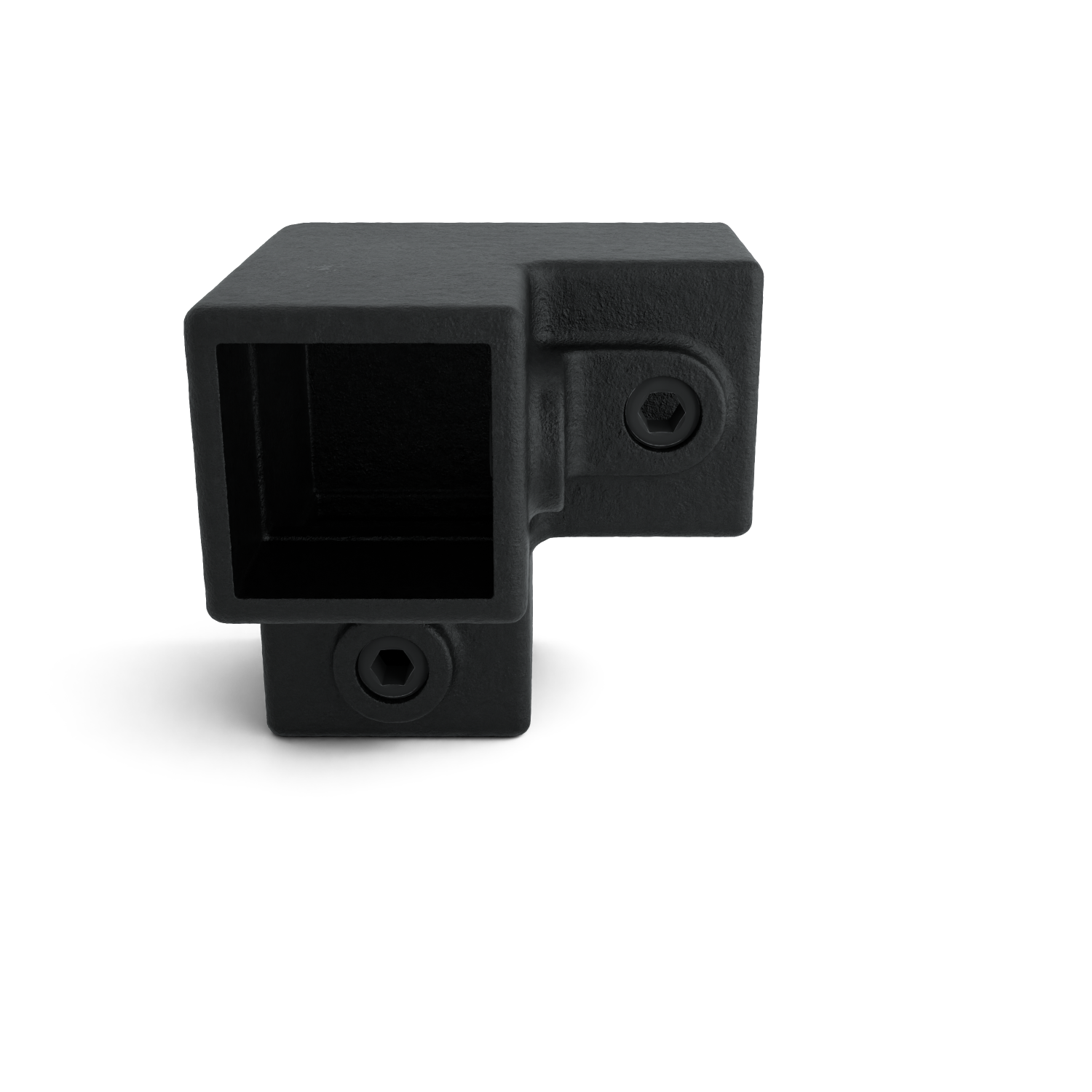 Rohrverbinder Dreiweg-Eckstück 90º schwarz 40 mm quadratisch - Seitenansicht Rohrverbinder (Rohr-verbinder.de)