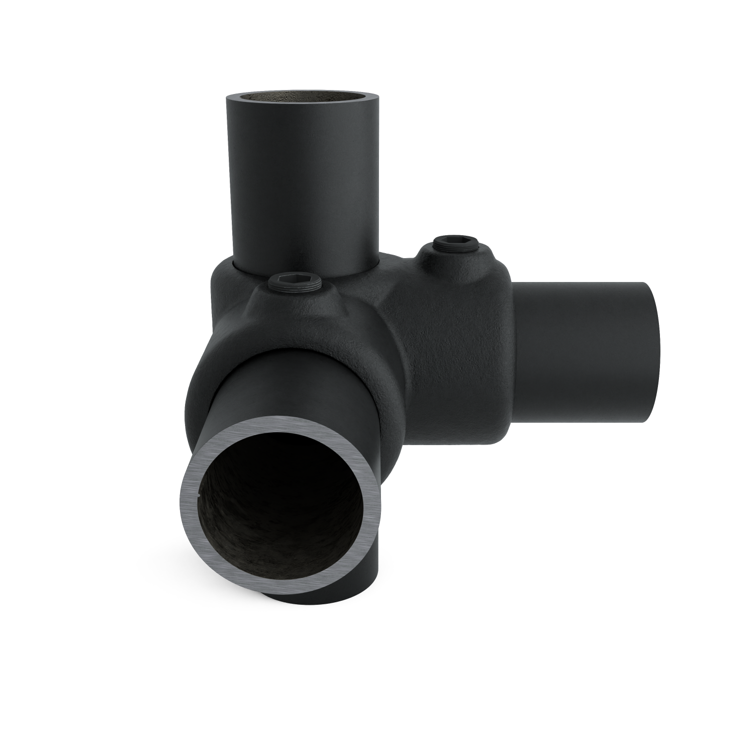 Rohrverbinder Eckstück 90º schwarz 33,7 mm - Seitenansicht mit Rohren (Rohr-verbinder.de)