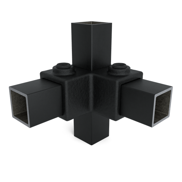 Rohrverbinder Eckstück 90º schwarz 25 mm quadratisch - Vorderansicht mit Rohren (Rohr-verbinder.de)