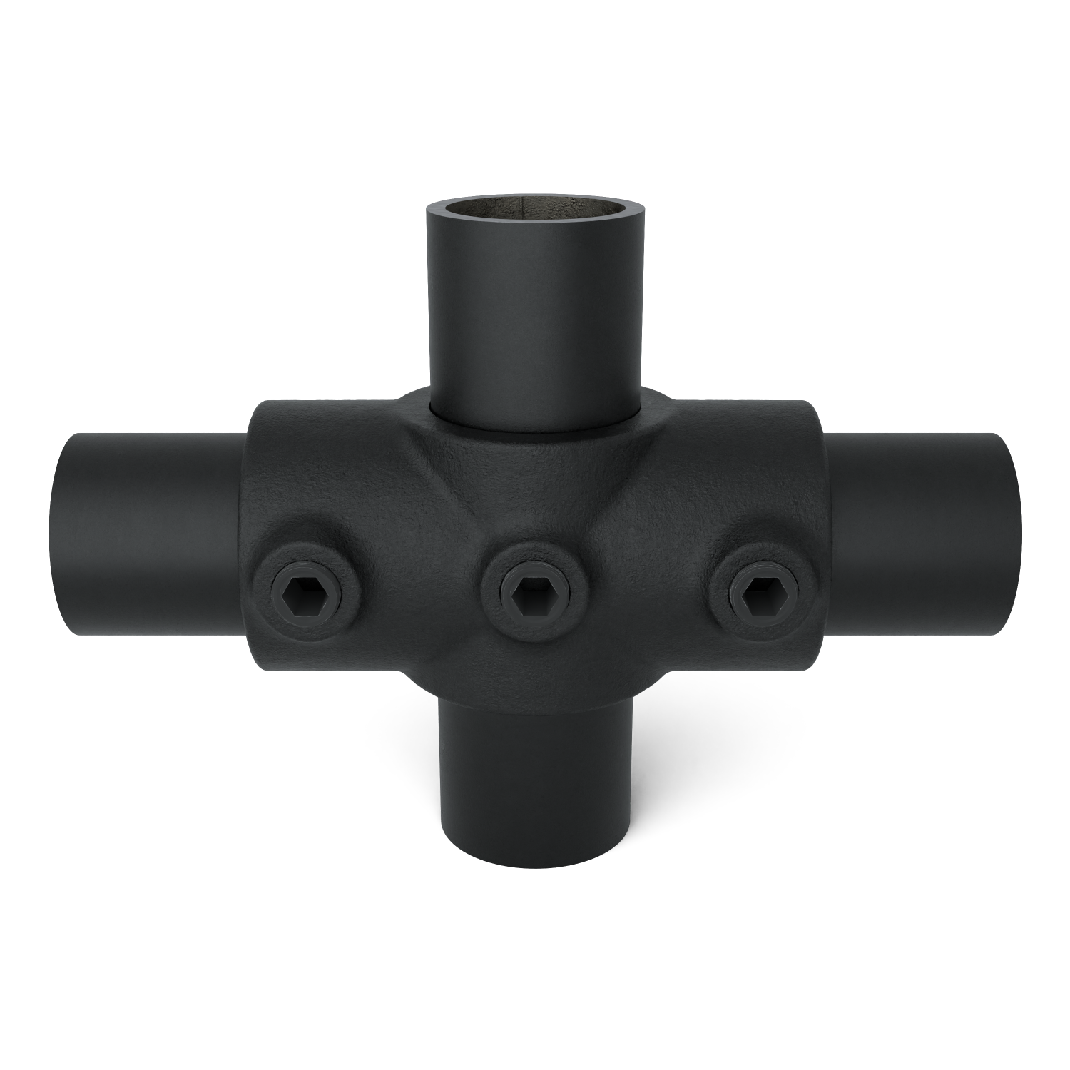 Rohrverbinder Kreuzstück in 1 Ebene schwarz 21,3 mm - Vorderansicht mit Rohren (Rohr-verbinder.de)