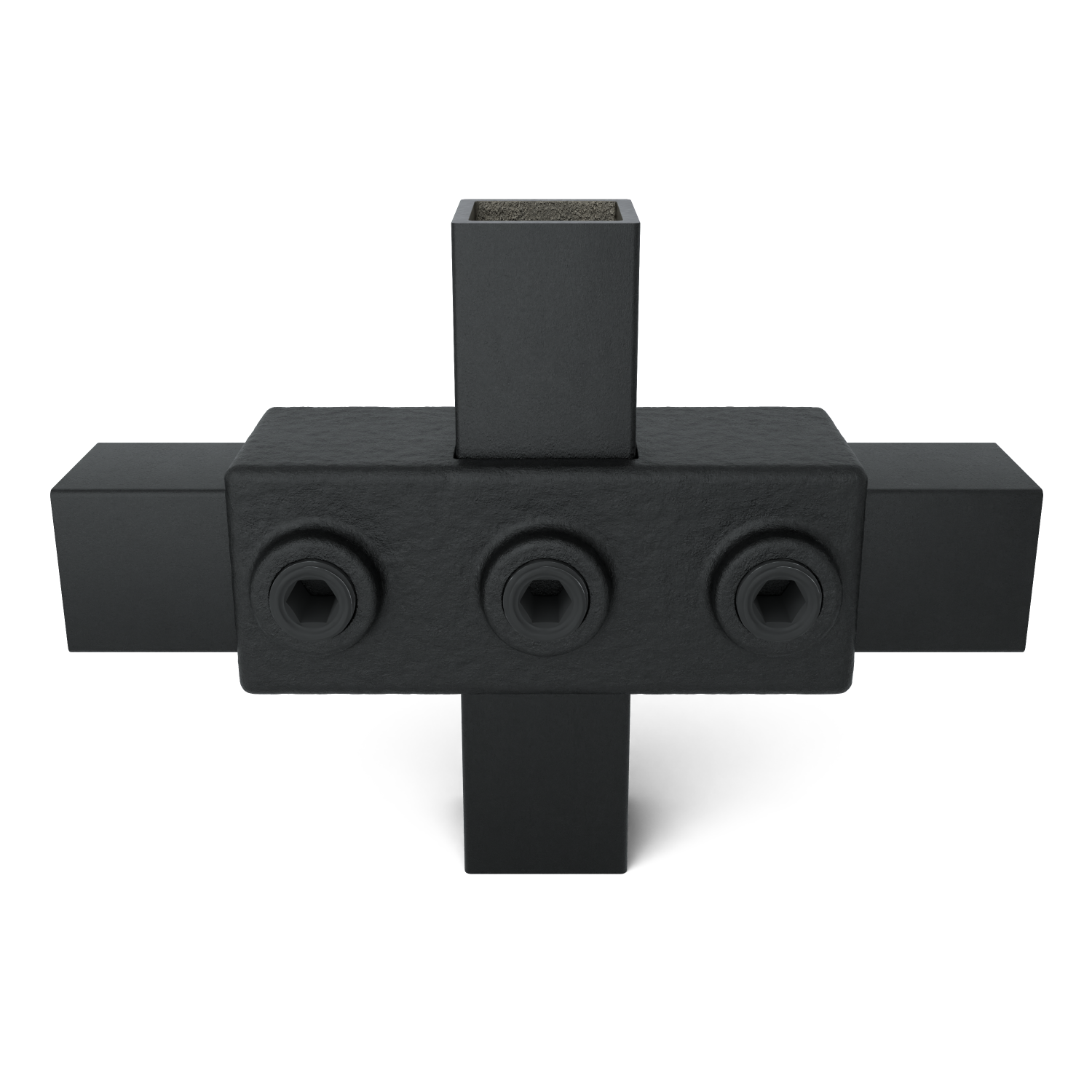 Rohrverbinder Kreuzstück in 1 Ebene schwarz 25 mm quadratisch - Vorderansicht mit Rohren (Rohr-verbinder.de)