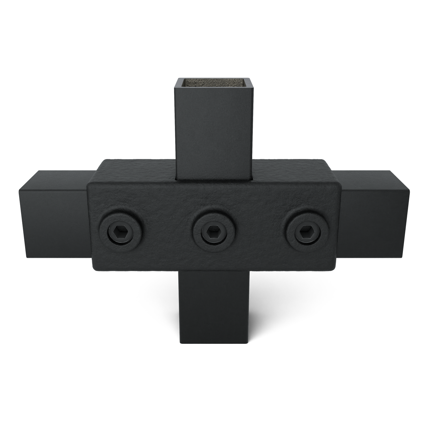 Rohrverbinder Kreuzstück in 1 Ebene schwarz 40 mm quadratisch - Vorderansicht mit Rohren (Rohr-verbinder.de)