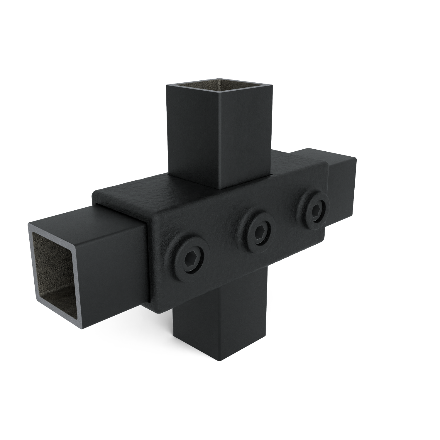 Rohrverbinder Kreuzstück in 1 Ebene schwarz 40 mm quadratisch - Schrägansicht mit Rohren (Rohr-verbinder.de)